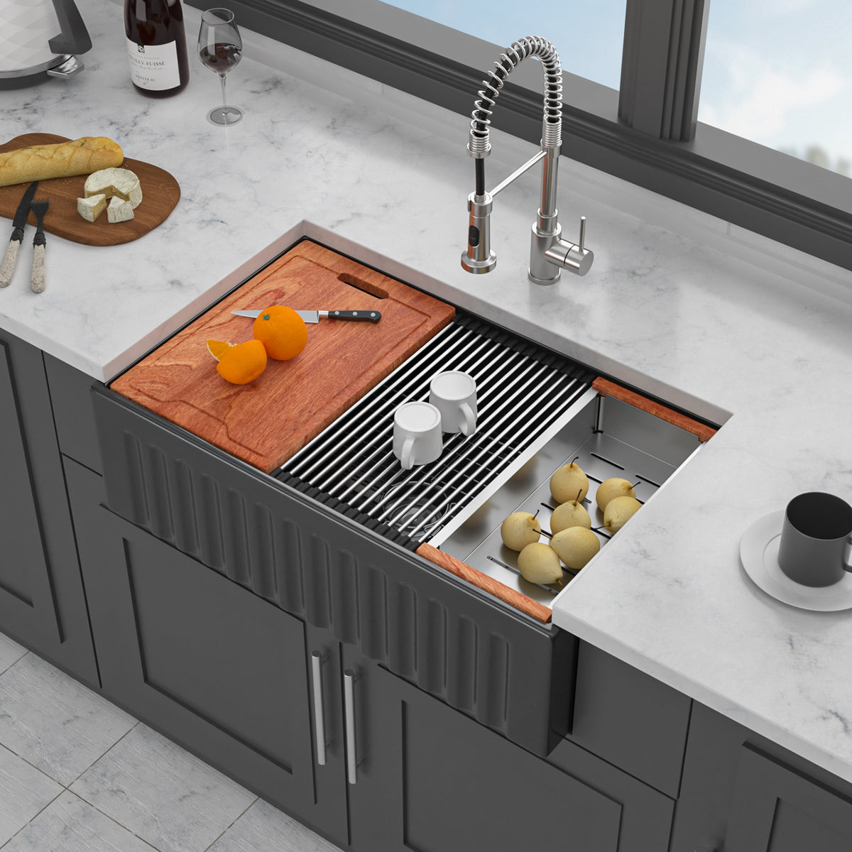 33 in. x 20 in. Porcelain Ceramic Reversible Workstation Farmhouse Kitchen Sink, 10 in. Deep Single Bowl Apron Front Sink with Cutting Board & Accessories
