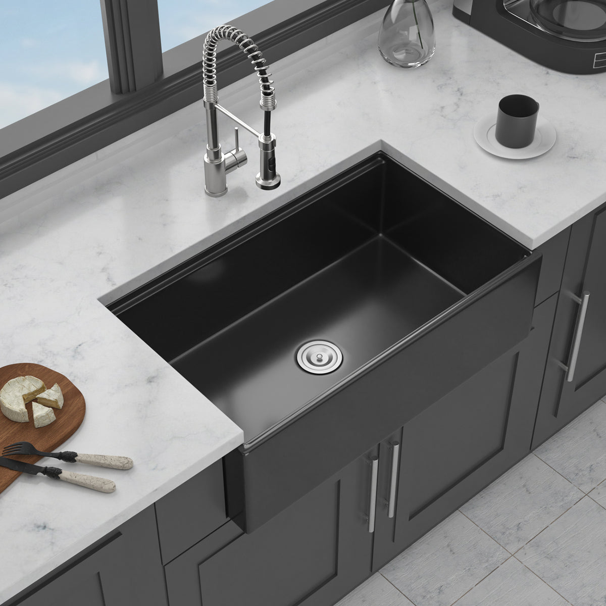 33 in. x 20 in. Porcelain Ceramic Reversible Workstation Farmhouse Kitchen Sink, 10 in. Deep Single Bowl Apron Front Sink with Cutting Board & Accessories