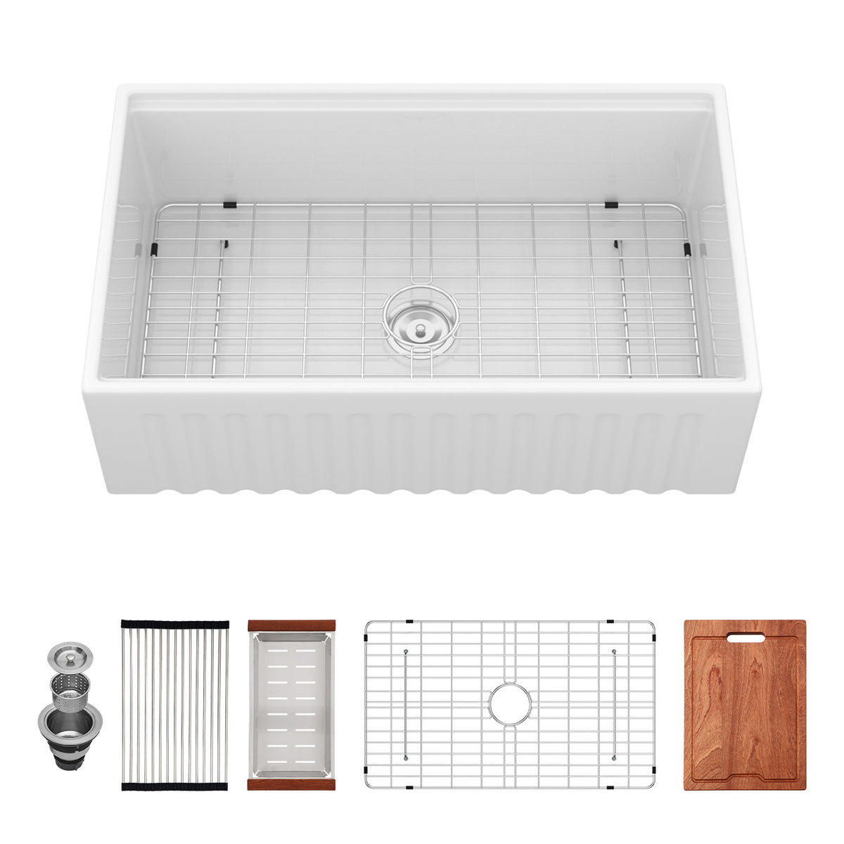 33 in. x 20 in. Porcelain Ceramic Reversible Workstation Farmhouse Kitchen Sink, 10 in. Deep Single Bowl Apron Front Sink with Cutting Board & Accessories