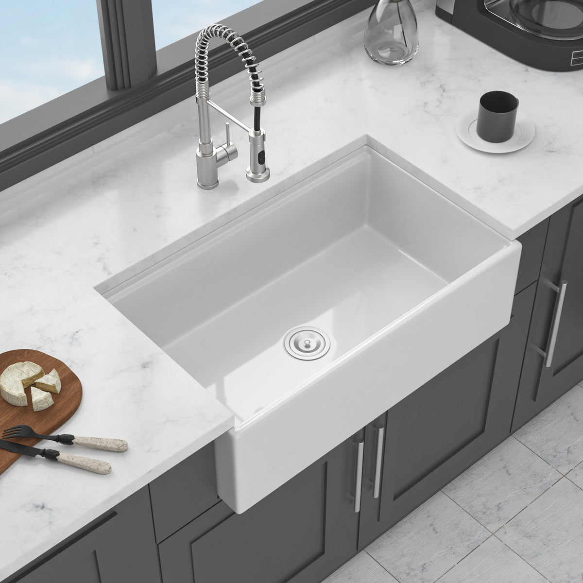 33 in. x 20 in. Porcelain Ceramic Reversible Workstation Farmhouse Kitchen Sink, 10 in. Deep Single Bowl Apron Front Sink with Cutting Board & Accessories