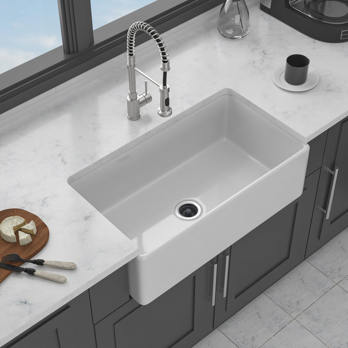 33 in. x 18 in. White Porcelain Ceramic Reversible Farmhouse Kitchen Sink, 10 in. Deep Single Bowl Apron Front Kitchen Sink with 304 Stainless Steel Grid
