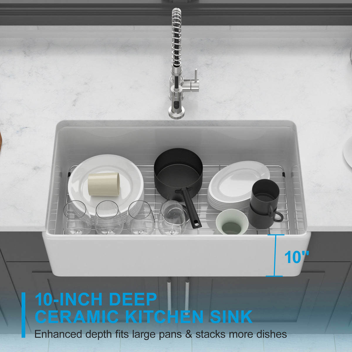 33 in. x 18 in. White Porcelain Ceramic Reversible Farmhouse Kitchen Sink, 10 in. Deep Single Bowl Apron Front Kitchen Sink with 304 Stainless Steel Grid