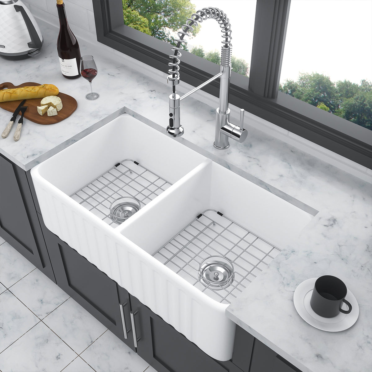 33 in. x 18 in. White Porcelain Ceramic Farmhouse Kitchen Sink, 10 in. Deep Double Bowl 50/50 Apron Front Sink with 304 Stainless Steel Grids & Basket Strainers