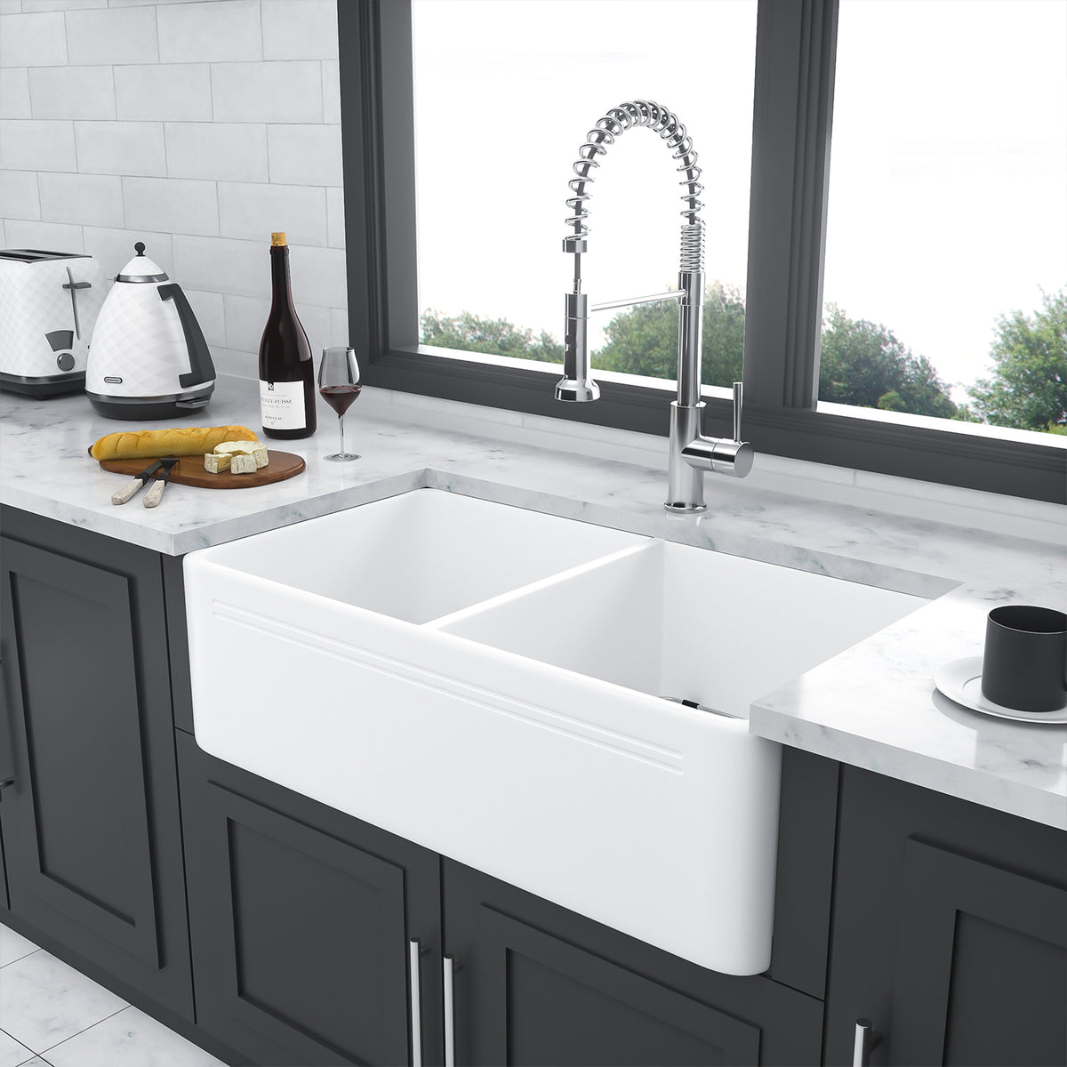 33 in. x 18 in. White Porcelain Ceramic Farmhouse Kitchen Sink, 10 in. Deep Double Bowl 50/50 Apron Front Sink with 304 Stainless Steel Grids & Basket Strainers