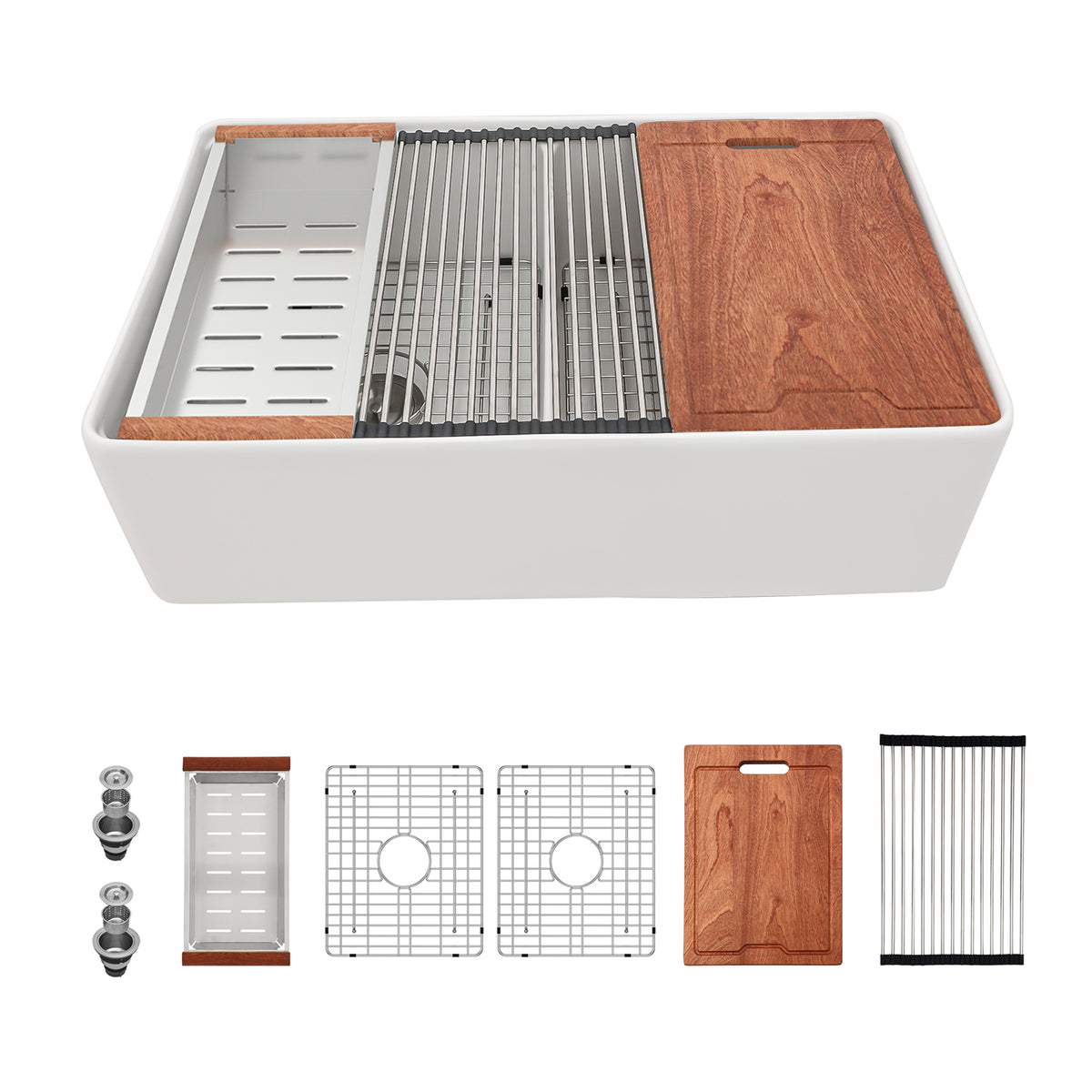 33 in. x 20 in. White Porcelain Ceramic Workstation Farmhouse Kitchen Sink, 10 in. Deep Double Bowl 50/50 Apron Front Sink with Cutting Board & Accessories