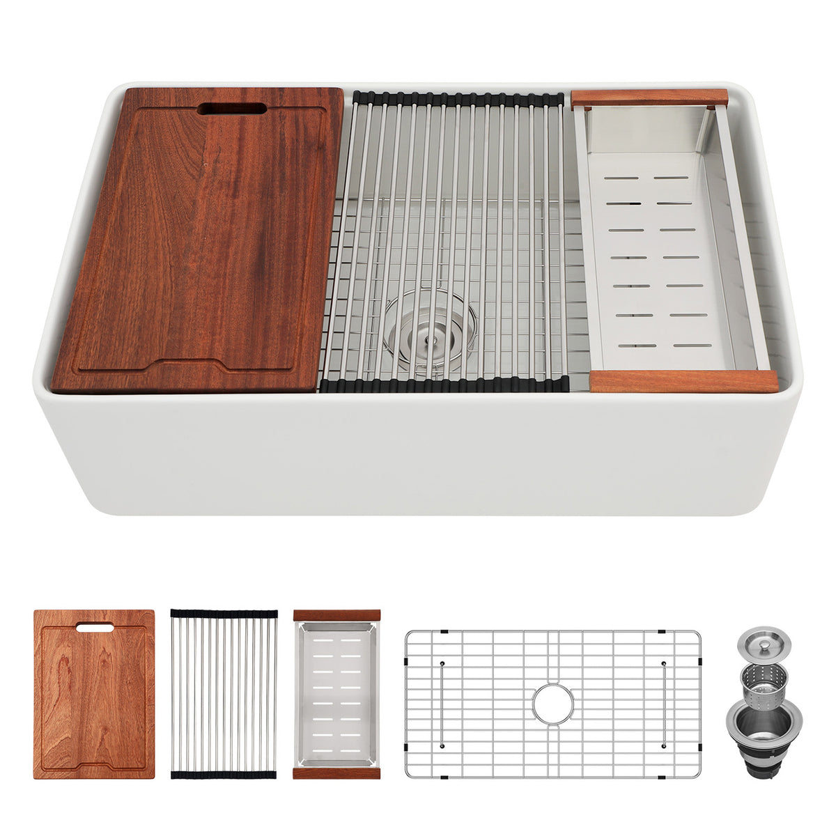 33 in. x 20 in. White Porcelain Ceramic Workstation Farmhouse Kitchen Sink, 10 in. Deep Single Bowl Apron Front Sink with Cutting Board & Accessories