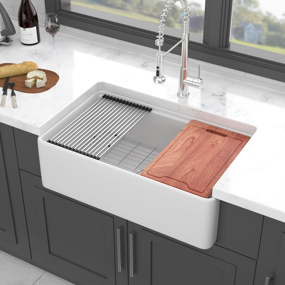33 in. x 20 in. White Porcelain Ceramic Workstation Farmhouse Kitchen Sink, 10 in. Deep Single Bowl Apron Front Sink with Cutting Board & Accessories