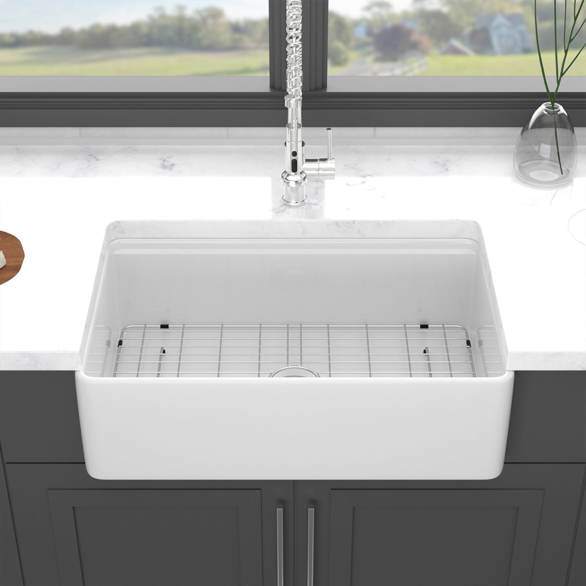 33 in. x 20 in. White Porcelain Ceramic Workstation Farmhouse Kitchen Sink, 10 in. Deep Single Bowl Apron Front Sink with Cutting Board & Accessories