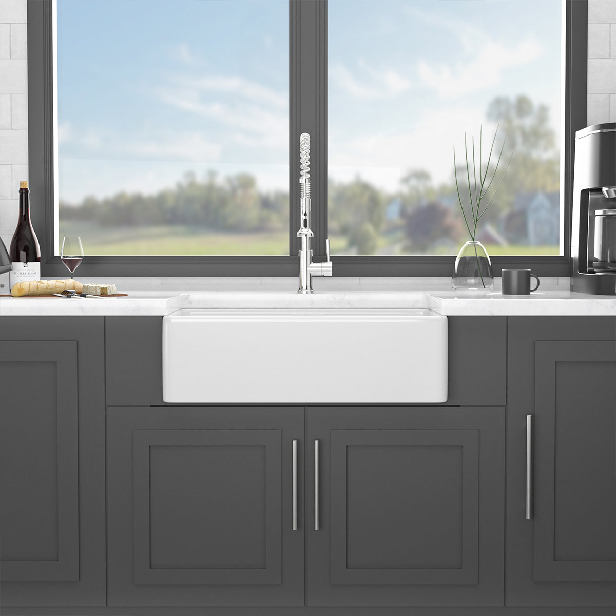 33 in. x 20 in. White Porcelain Ceramic Workstation Farmhouse Kitchen Sink, 10 in. Deep Single Bowl Apron Front Sink with Cutting Board & Accessories