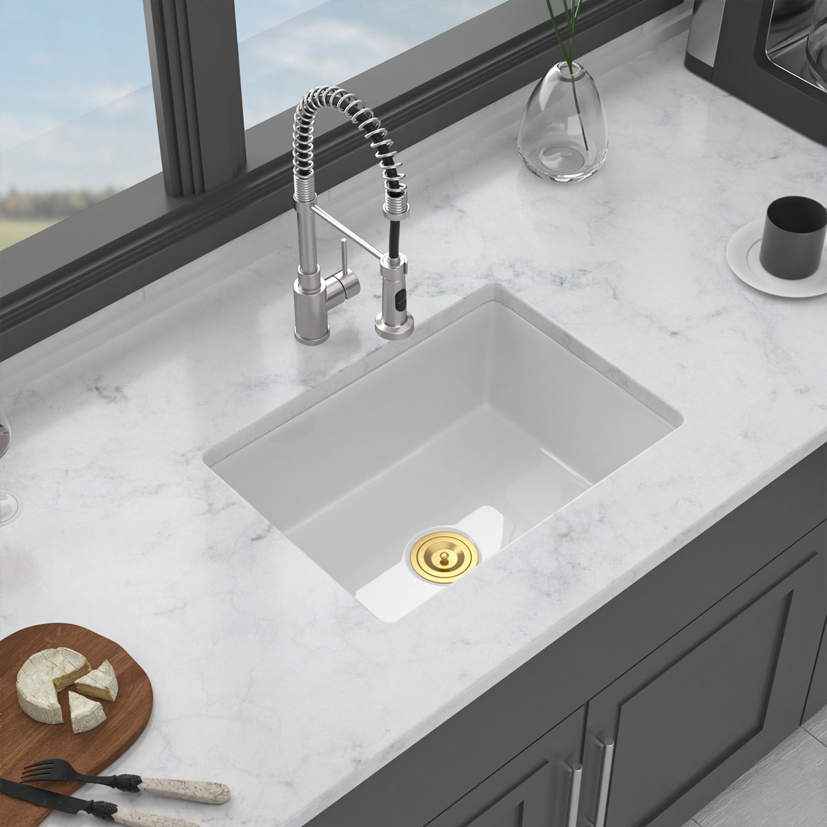 24 in. x 18 in. White Porcelain Ceramic Kitchen Sink, 9 in. Deep Single Bowl Undermount Top Mount Dual Mount Sink with Stainless Steel Grid