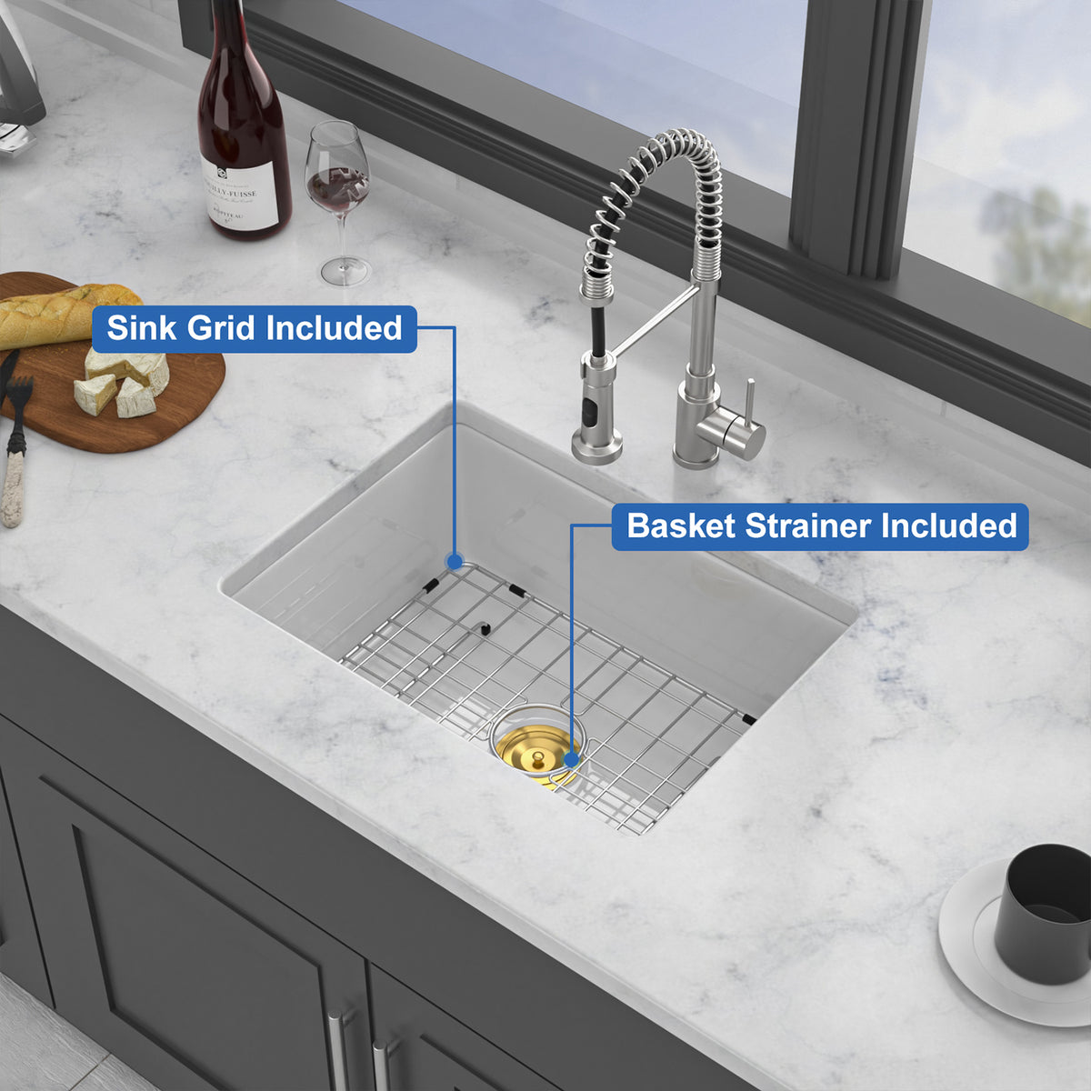 24 in. x 18 in. White Porcelain Ceramic Kitchen Sink, 9 in. Deep Single Bowl Undermount Top Mount Dual Mount Sink with Stainless Steel Grid