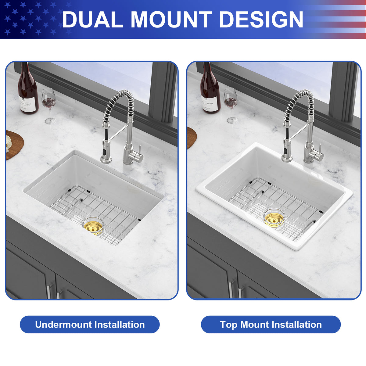 24 in. x 18 in. White Porcelain Ceramic Kitchen Sink, 9 in. Deep Single Bowl Undermount Top Mount Dual Mount Sink with Stainless Steel Grid