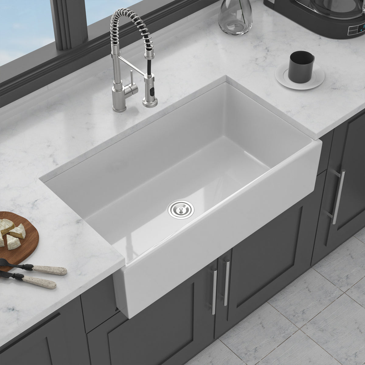 36 in. x 20 in. White Porcelain Ceramic Farmhouse Kitchen Sink, 10 in. Deep Single Bowl Apron Front Kitchen Sink with 304 Stainless Steel Grid