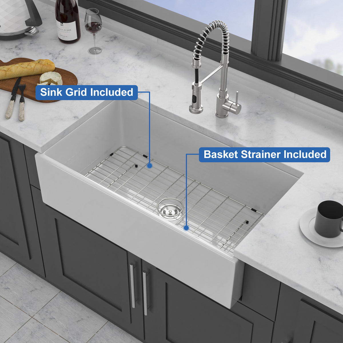 36 in. x 20 in. White Porcelain Ceramic Farmhouse Kitchen Sink, 10 in. Deep Single Bowl Apron Front Kitchen Sink with 304 Stainless Steel Grid