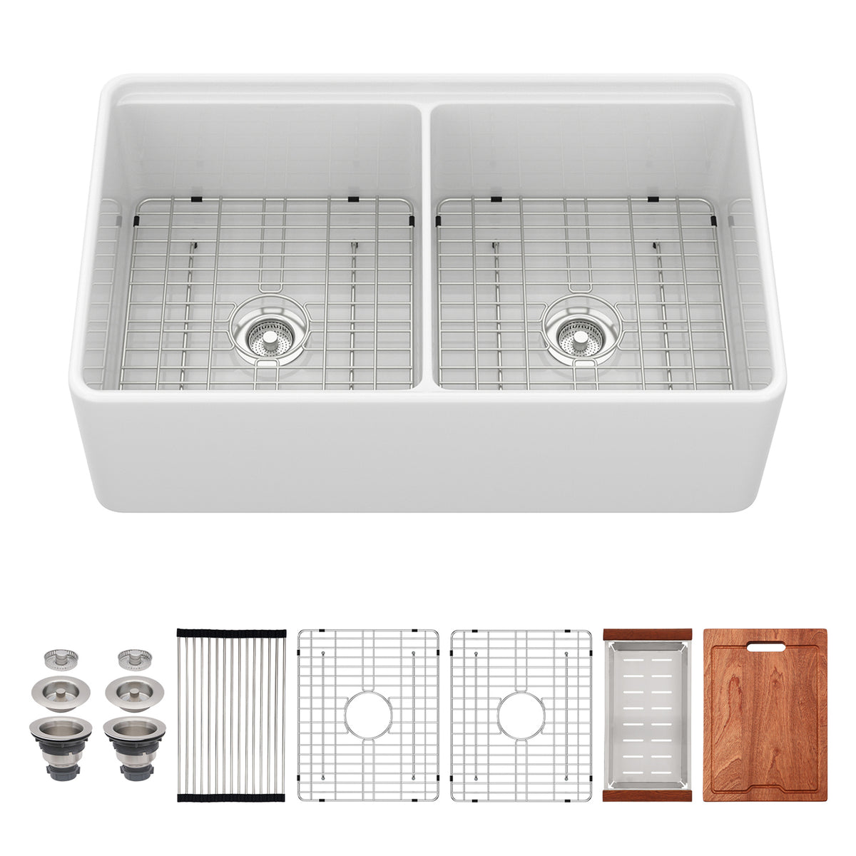 33 in. x 20 in. White Porcelain Ceramic Workstation Farmhouse Kitchen Sink, 10 in. Deep Double Bowl 50/50 Apron Front Sink with Cutting Board & Accessories