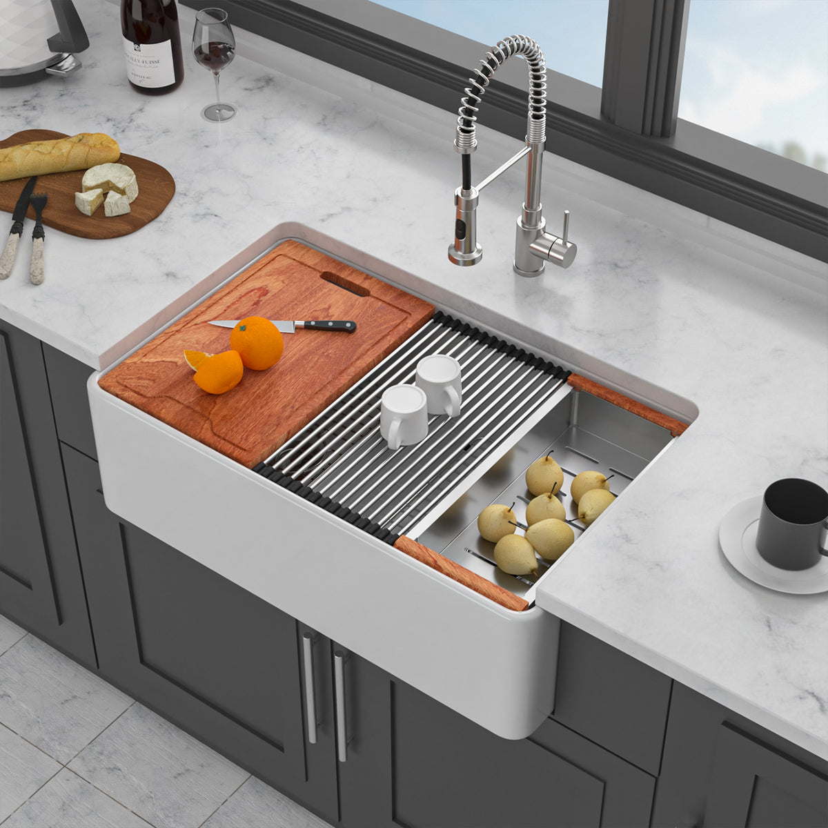 33 in. x 20 in. White Porcelain Ceramic Workstation Farmhouse Kitchen Sink, 10 in. Deep Double Bowl 50/50 Apron Front Sink with Cutting Board & Accessories