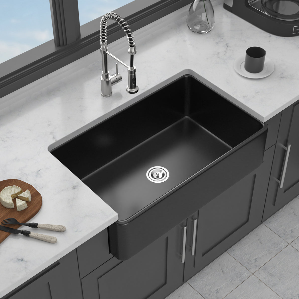 33 in. x 20 in. Matte Black Porcelain Ceramic Farmhouse Kitchen Sink, 10 in. Deep Single Bowl Apron Front Sink with 304 Stainless Steel Grid