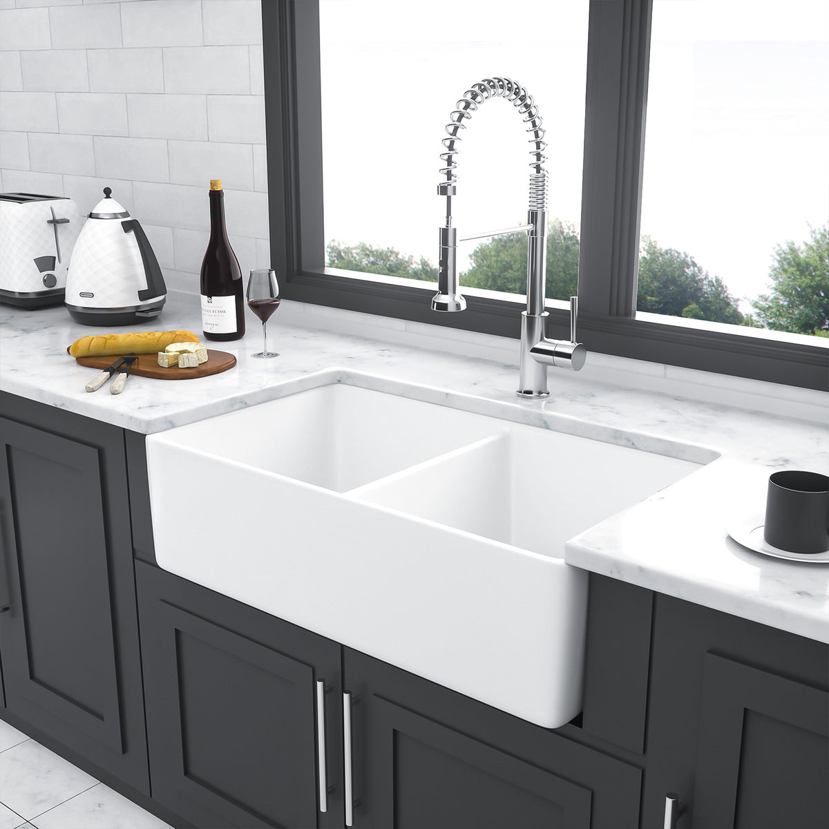 32 in. x 20 in. White Ceramic Porcelain Farmhouse Kitchen Sink, 9 in. Deep Double Bowl Apron Front Sink with 304 Stainless Steel Grids