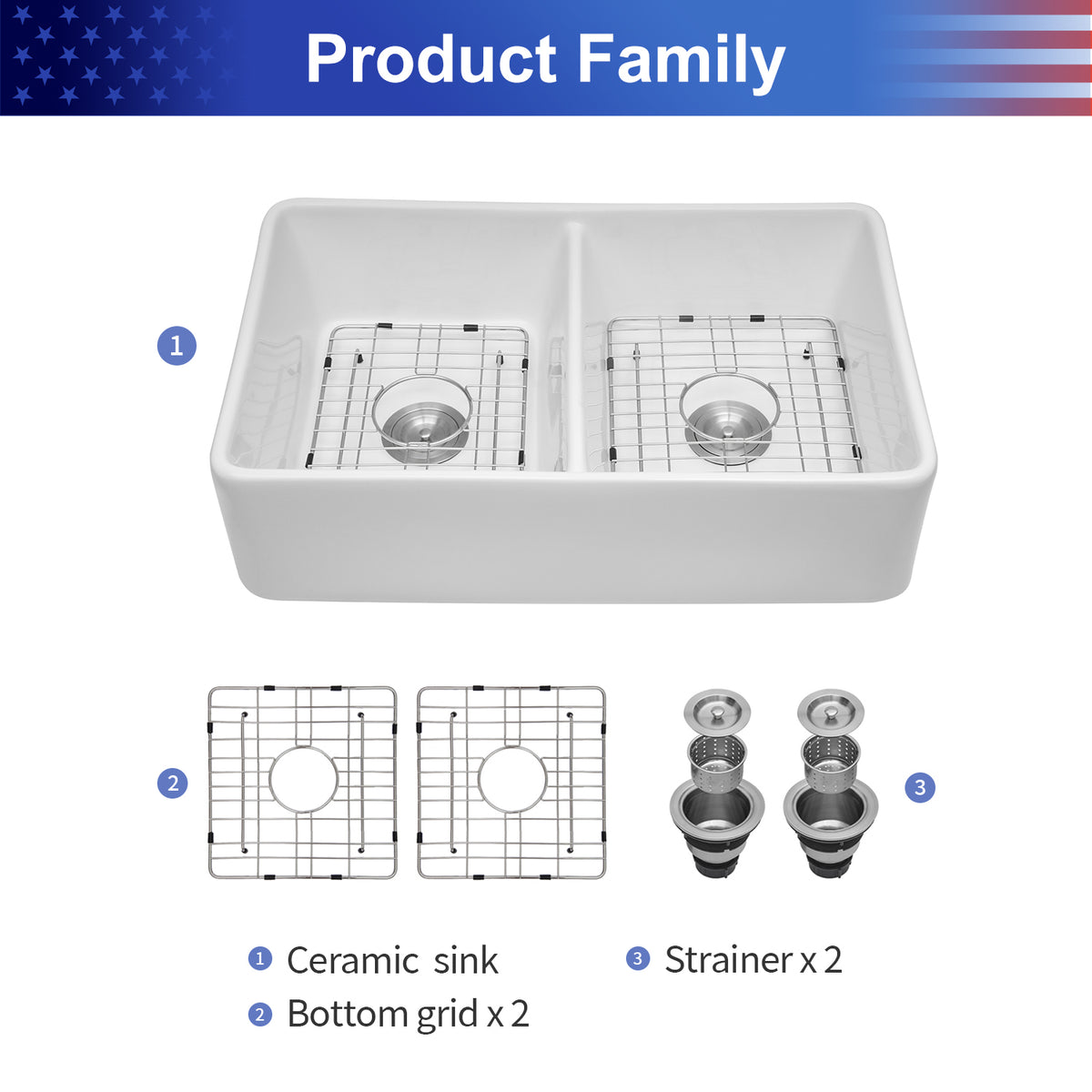 32 in. x 20 in. White Ceramic Porcelain Farmhouse Kitchen Sink, 9 in. Deep Double Bowl Apron Front Sink with 304 Stainless Steel Grids