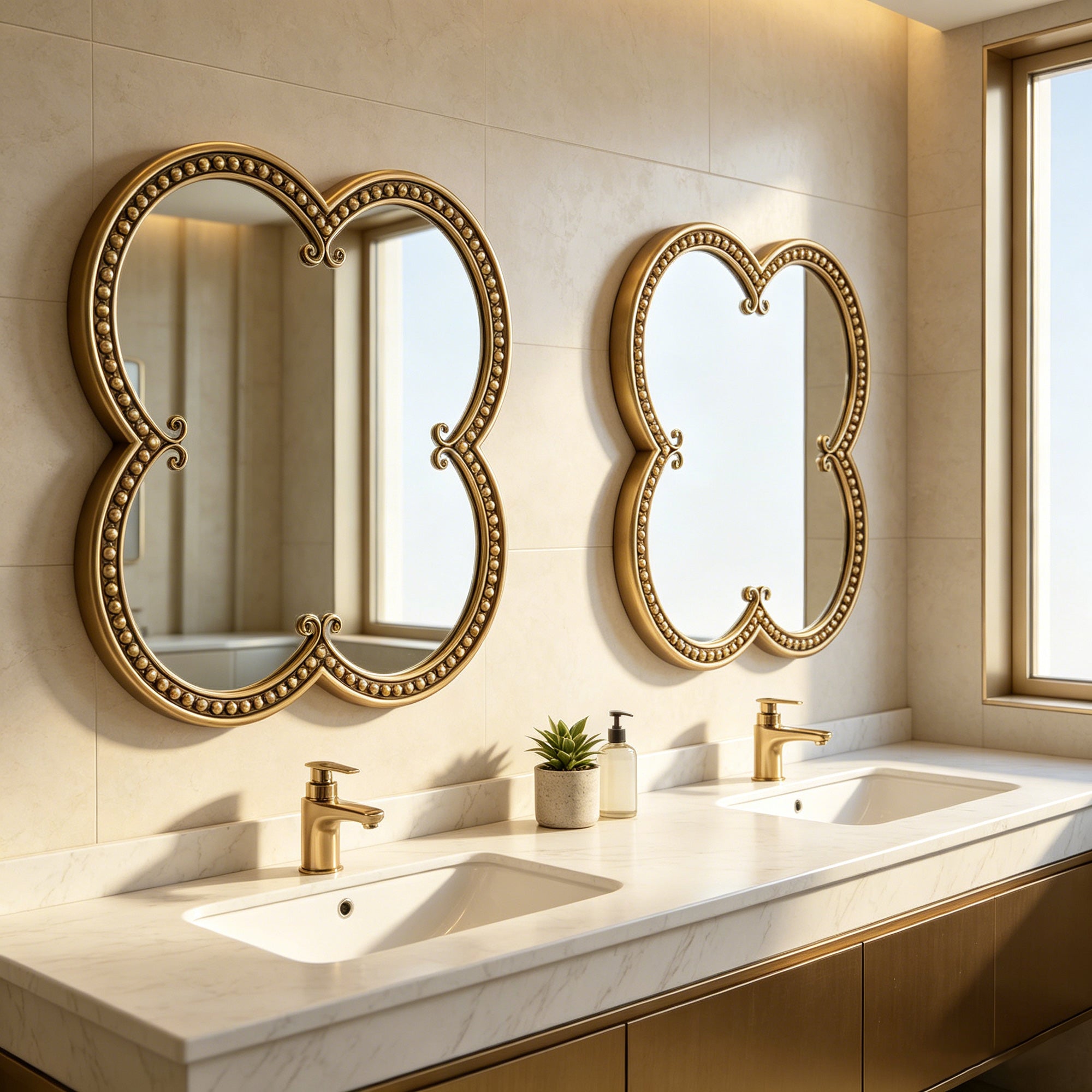 31.5 in. Antique Gold Quatrefoil Wall Mirror, Ornate Irregular Accent Mirror with Beaded Metal Frame for Bathroom, Living Room & Entryway