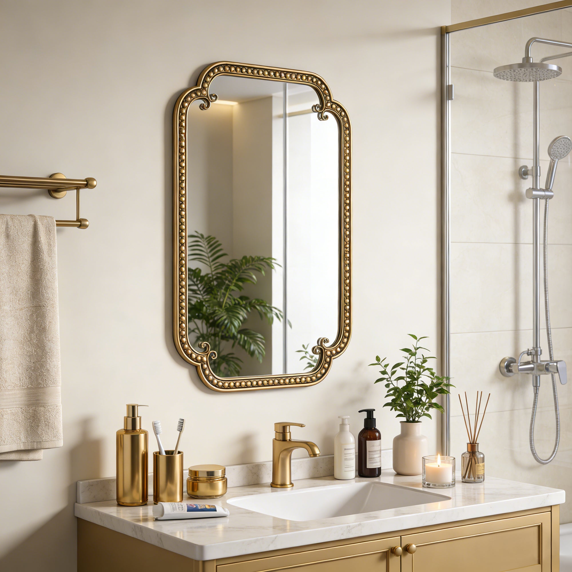 24 in. x 36 in. Gold Irregular Beaded Metal Framed Wall Mirror, Rounded Rectangle Decorative Vanity Mirror for Bathroom, Living Room & Entryway