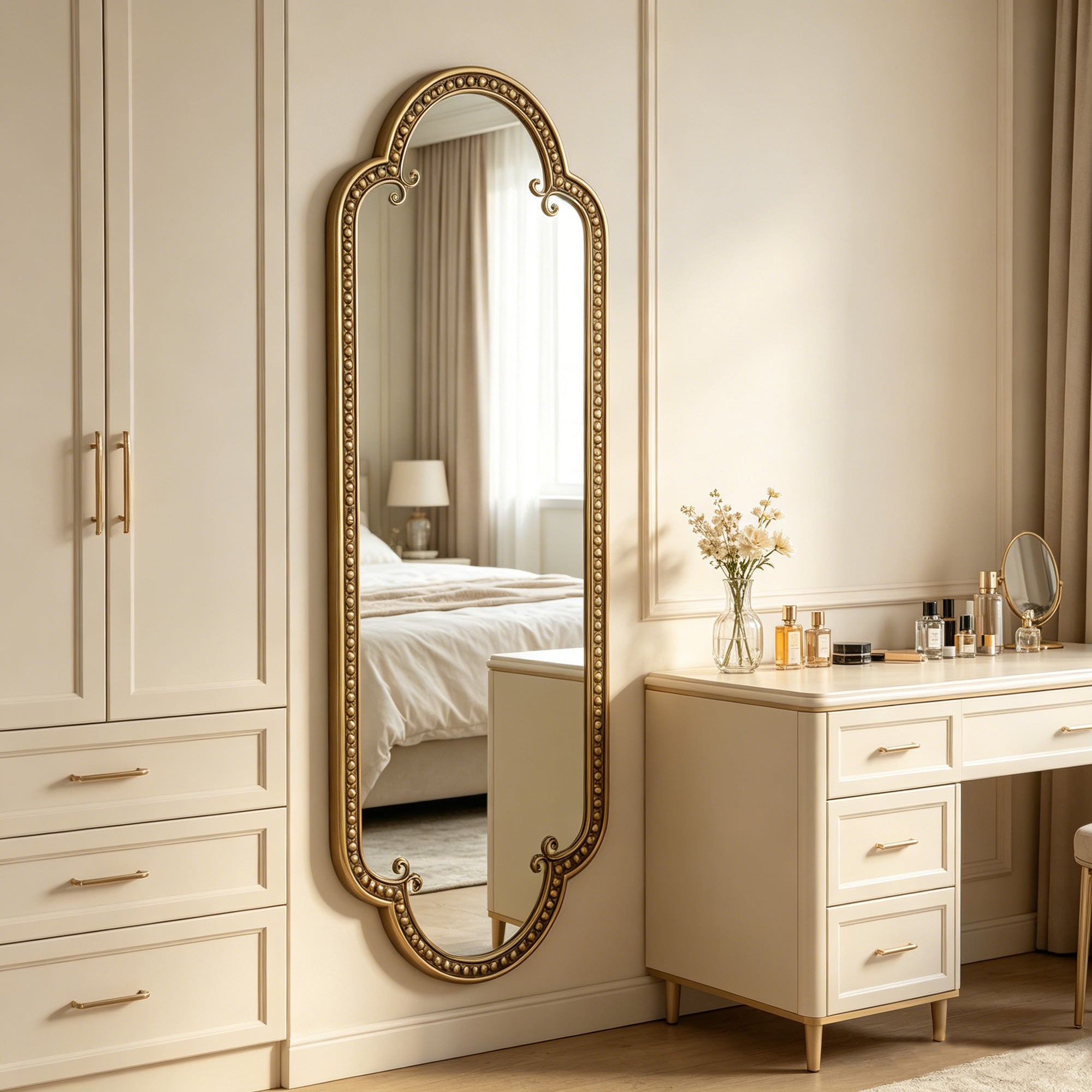 19.68 in. x 53.15 in. Vintage Gold Scalloped Oval Wall Mirror, Ornate Beaded Metal Frame Oblong Vanity Mirror for Bathroom & Living Room