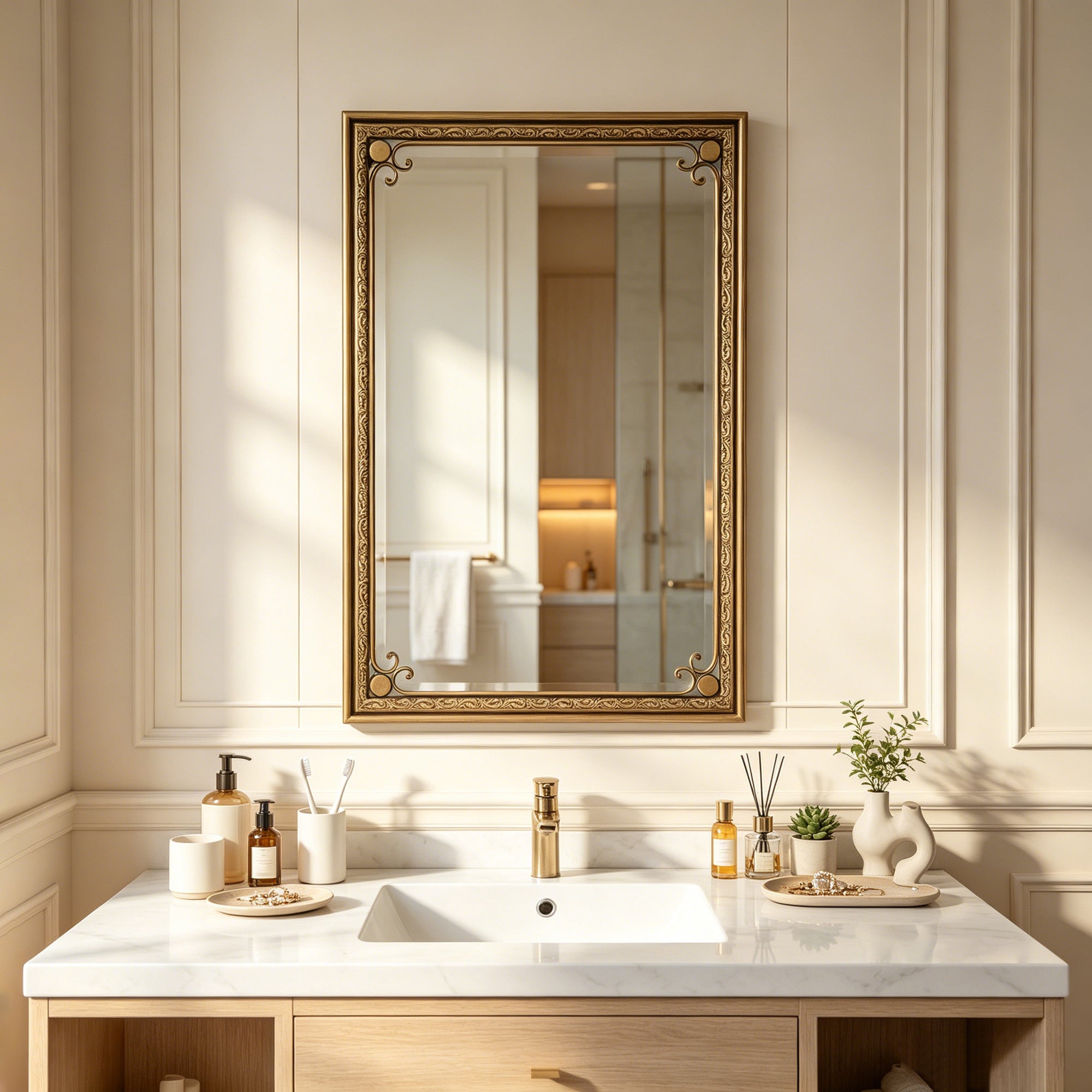 24 in. x 36 in. Gold Rectangle Bathroom Vanity Mirror, Modern Rounded Corner Iron Framed Wall Mirror for Over Sink, Horizontal or Vertical