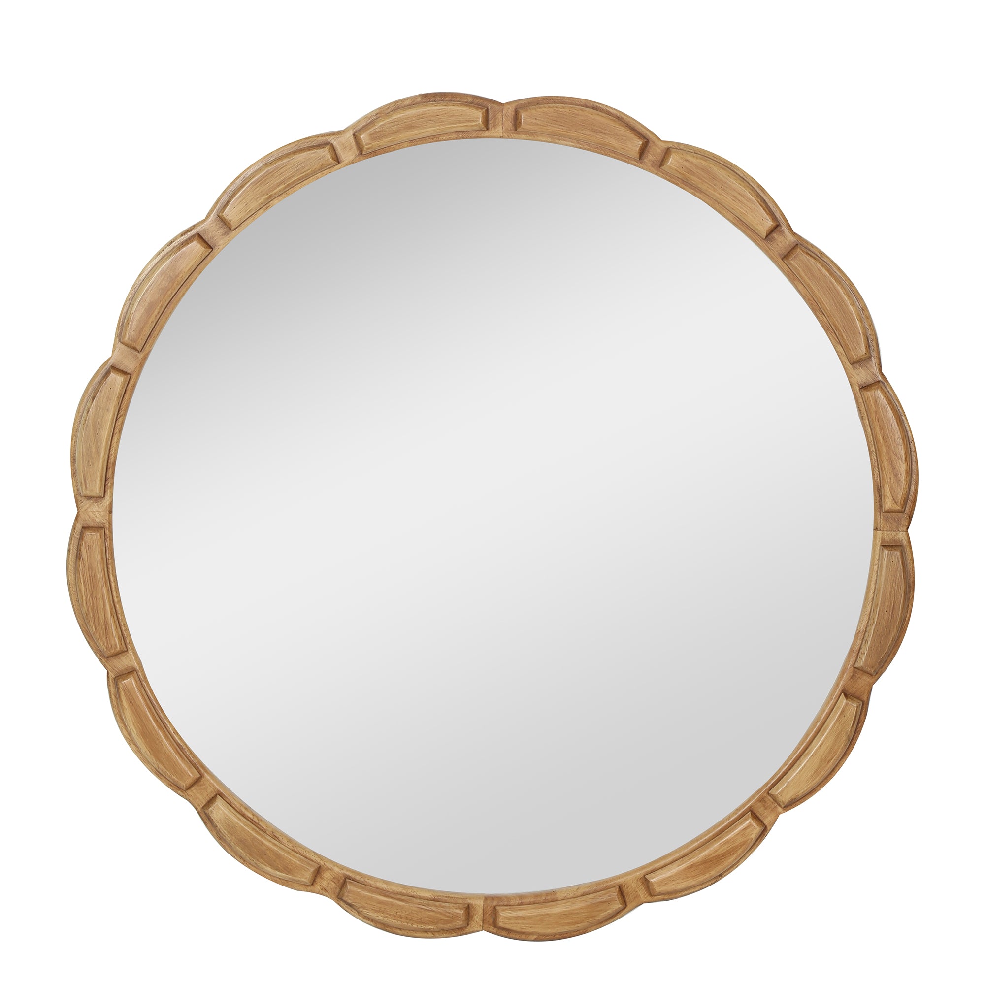 31.5 in. Solid Wood Round Wall Mirror, Rustic Farmhouse Carved Wooden Bathroom Mirror for Living Room & Entryway