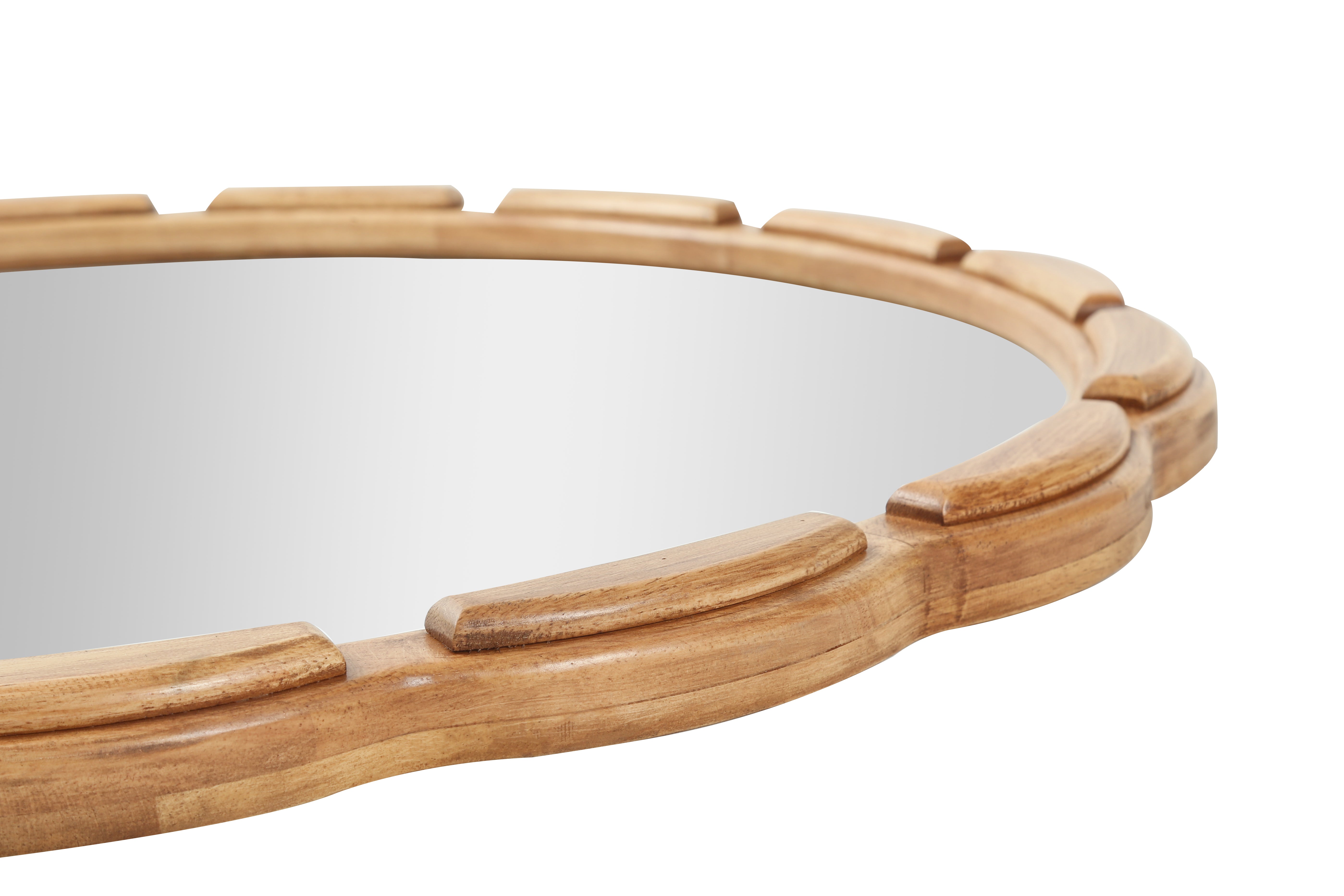 31.5 in. Solid Wood Round Wall Mirror, Rustic Farmhouse Carved Wooden Bathroom Mirror for Living Room & Entryway