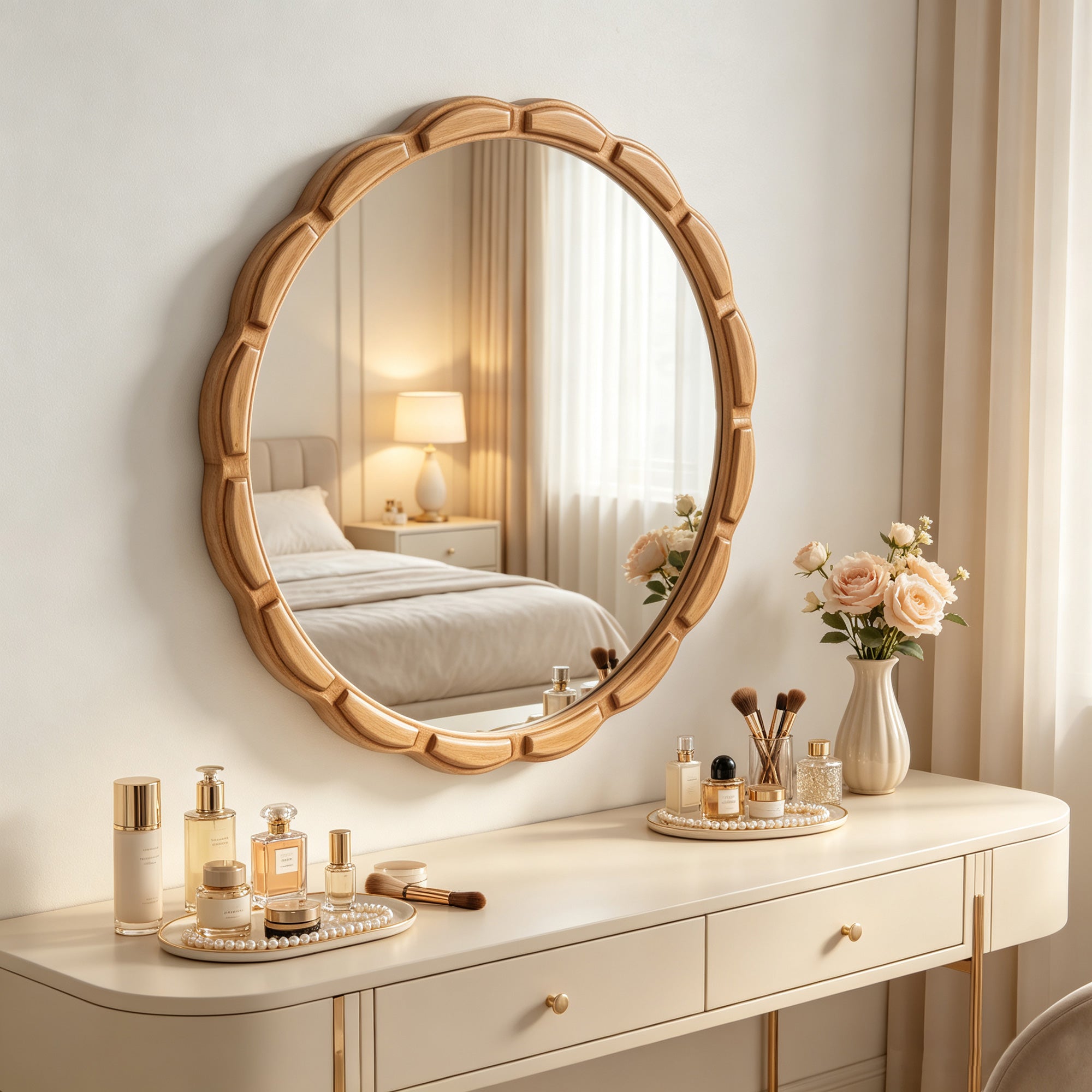 31.5 in. Solid Wood Round Wall Mirror, Rustic Farmhouse Carved Wooden Bathroom Mirror for Living Room & Entryway