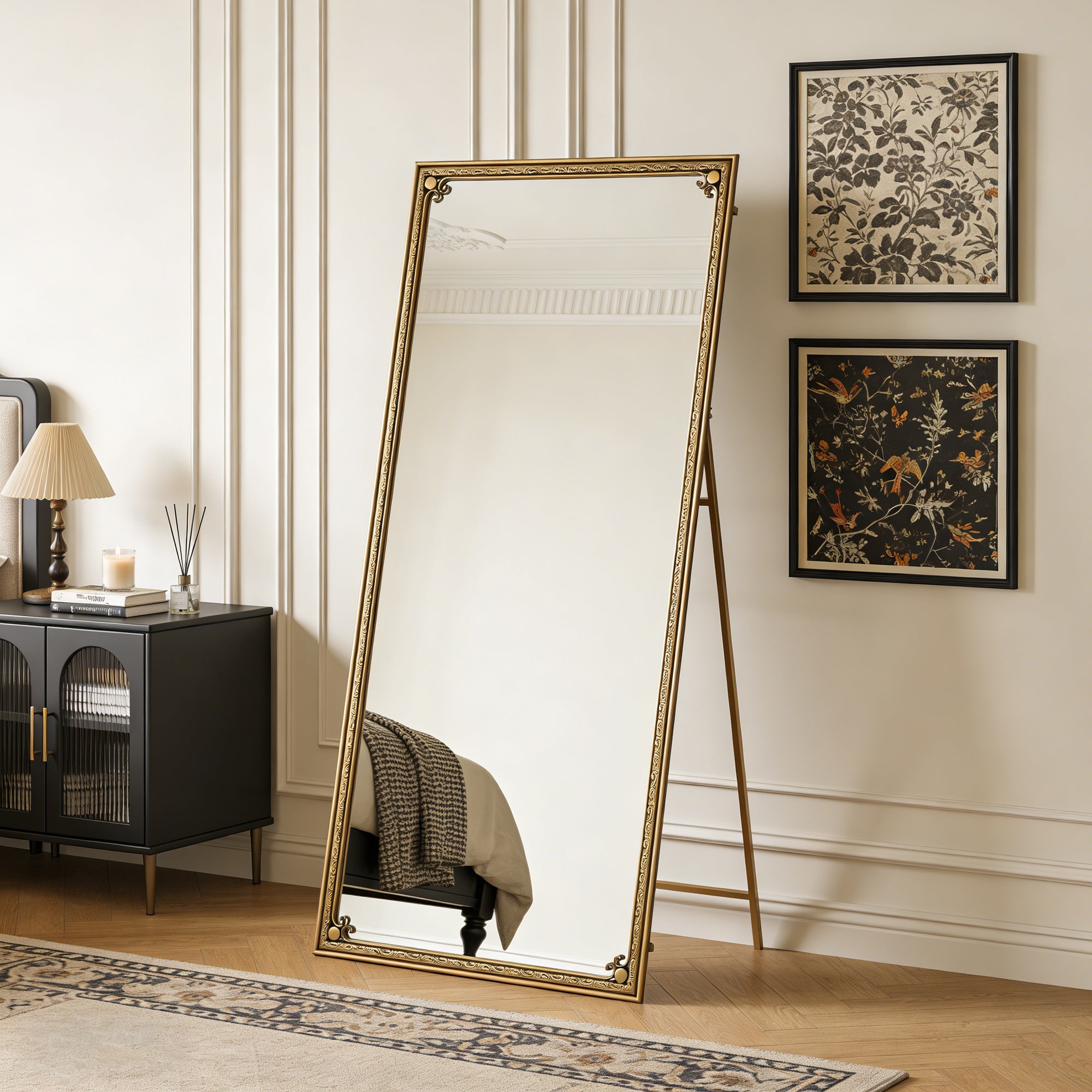 70.1 in. x 31.9 in. Antique Gold Full Length Floor Mirror with Stand, Arched Beaded Metal Frame Dressing Mirror for Freestanding, Wall Mount & Leaning