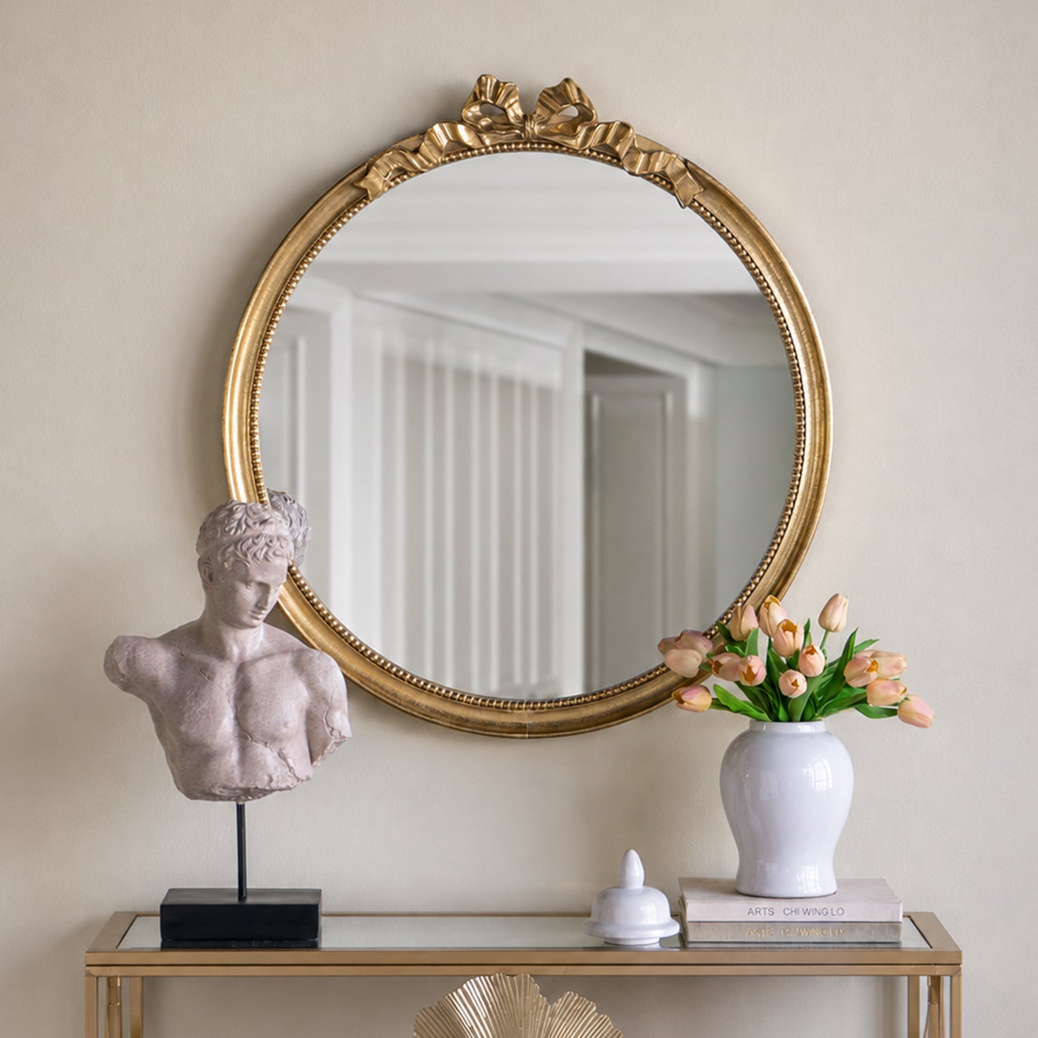 30 in. x 32.1 in. Gold Baroque Round Wall Mirror, Decorative MDF & Resin Frame Accent Mirror with Ornate Scrollwork Crown
