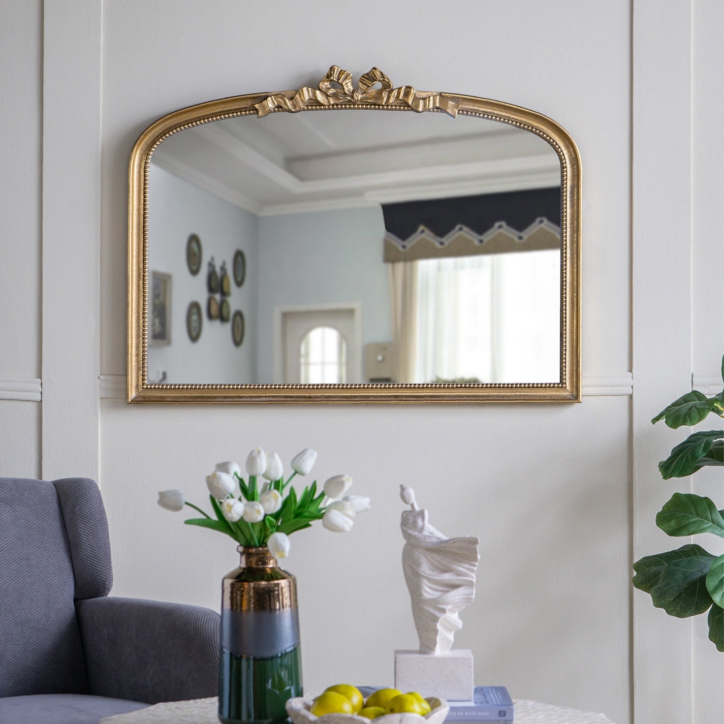 40.2 in. x 29.9 in. Gold Baroque Arched Wall Mirror, Ornate Scrollwork Crown Decorative Accent Mirror for Living Room, Bedroom & Entryway
