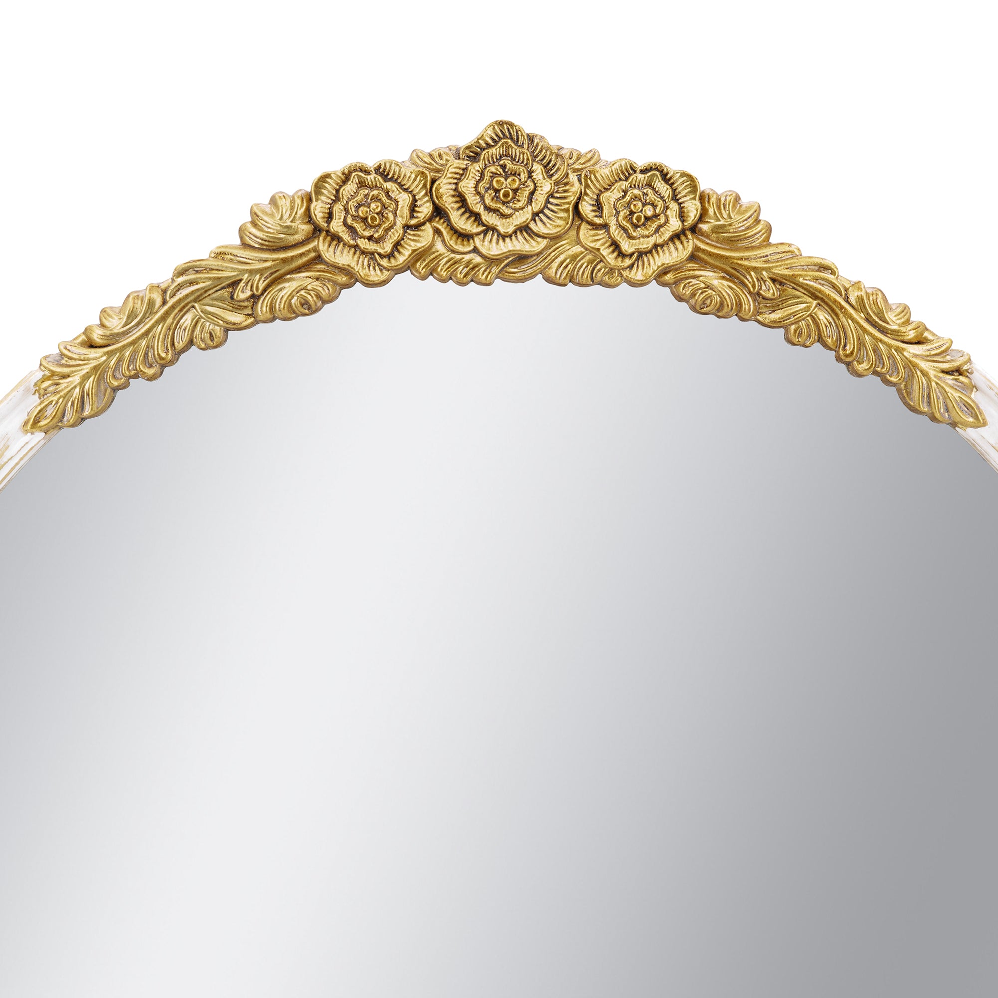 29.9 in. x 31.1 in. Distressed White & Gold Ornate Round Wall Mirror, Floral Crest MDF Frame Decorative Mirror for Living Room, Bedroom & Entryway