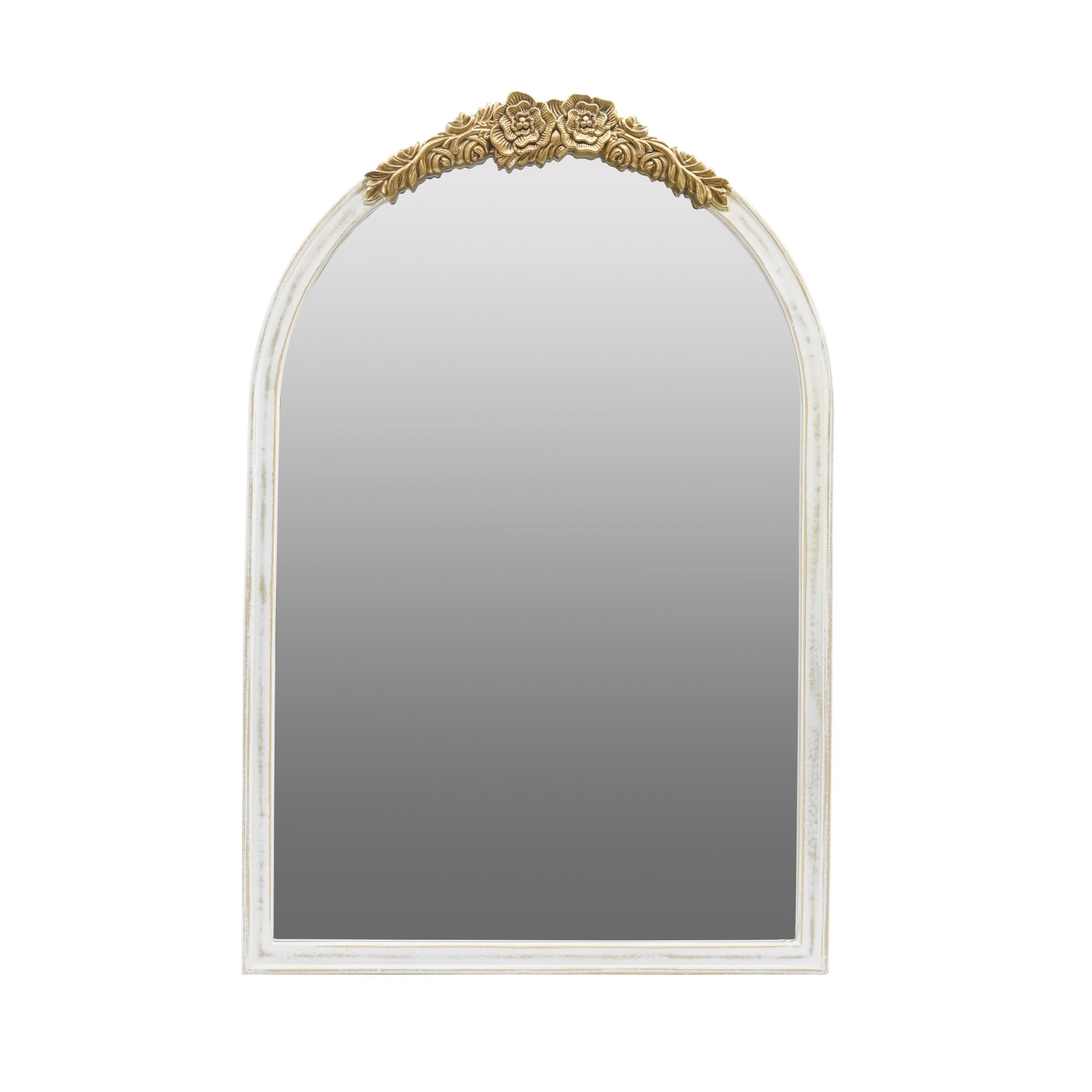 23.8 in. x 35.9 in. Distressed Antique White & Gold Arched Wall Mirror, Ornate Floral Crest MDF Frame Decorative Mirror for Bedroom, Living Room & Entryway