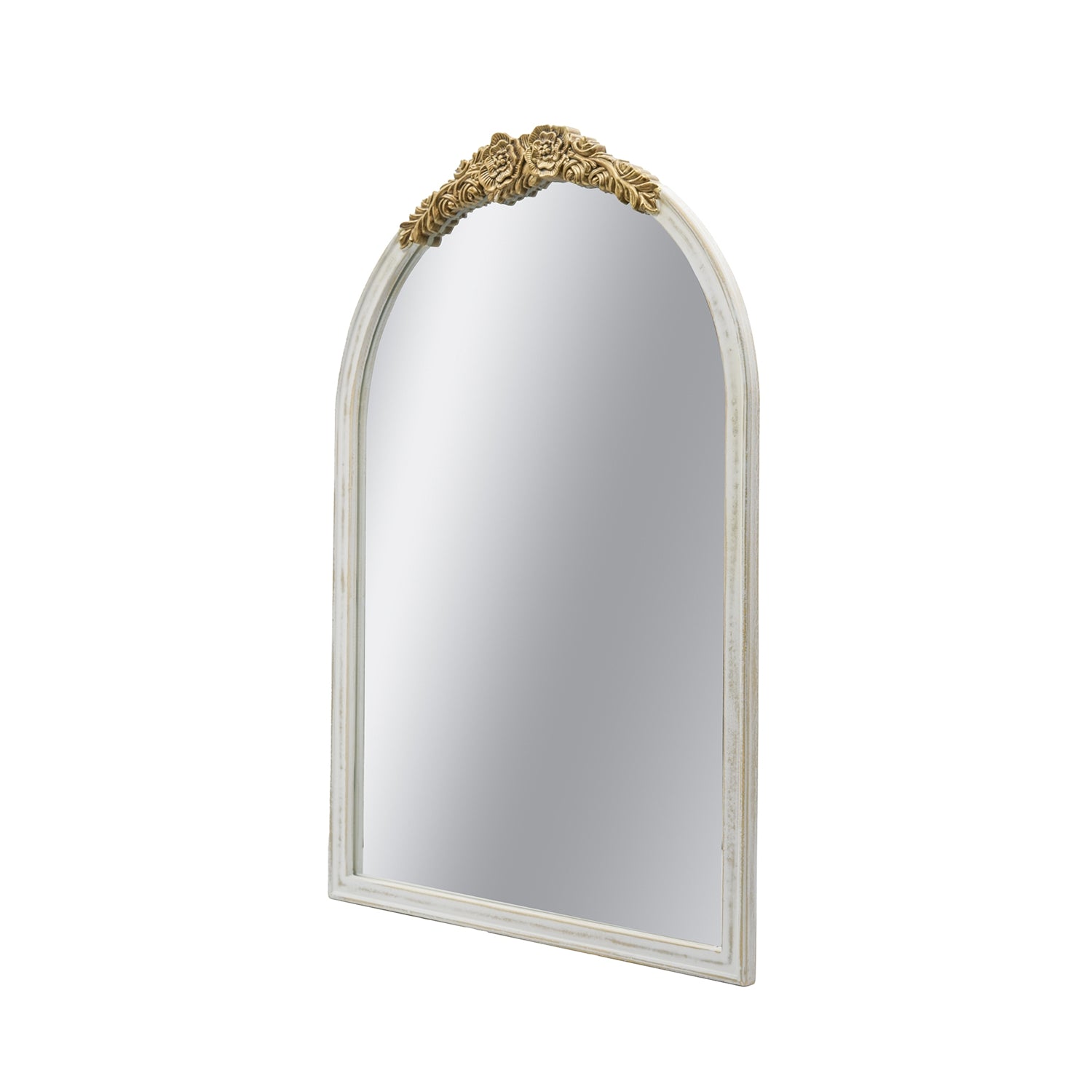 23.8 in. x 35.9 in. Distressed Antique White & Gold Arched Wall Mirror, Ornate Floral Crest MDF Frame Decorative Mirror for Bedroom, Living Room & Entryway
