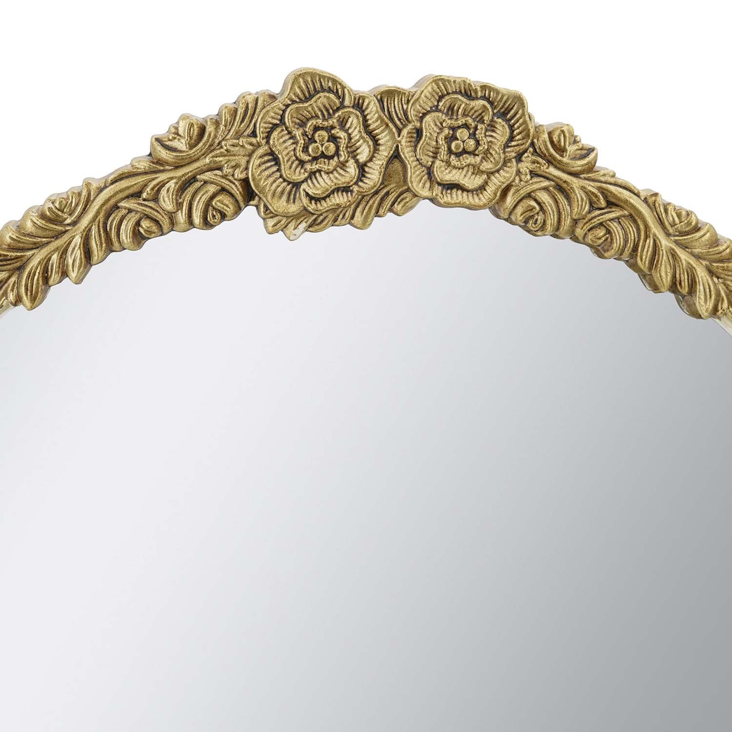 23.8 in. x 35.9 in. Distressed Antique White & Gold Arched Wall Mirror, Ornate Floral Crest MDF Frame Decorative Mirror for Bedroom, Living Room & Entryway