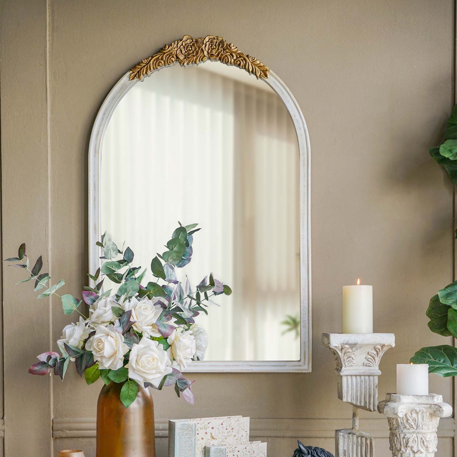 23.8 in. x 35.9 in. Distressed Antique White & Gold Arched Wall Mirror, Ornate Floral Crest MDF Frame Decorative Mirror for Bedroom, Living Room & Entryway