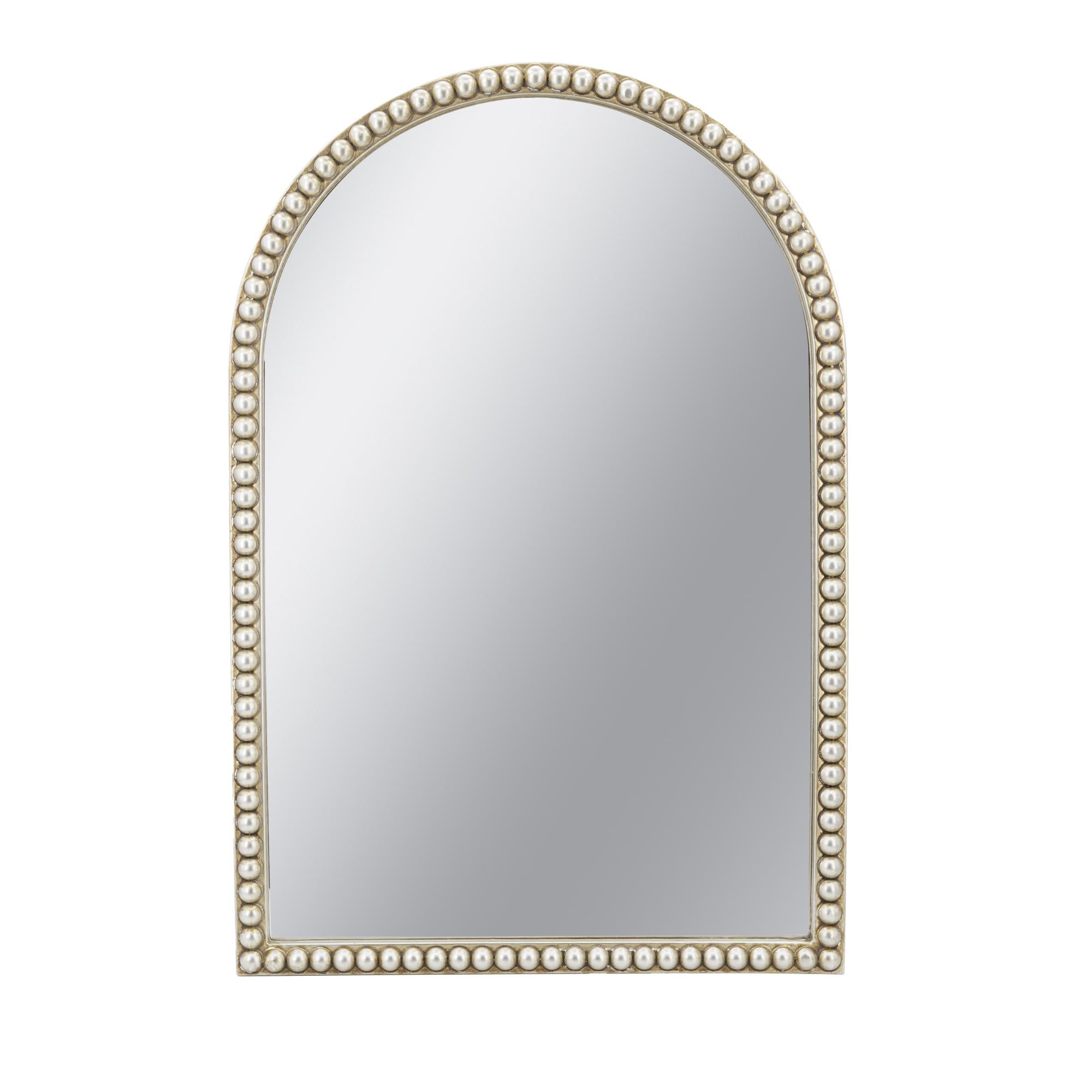 Champagne Gold Arched Wall Mirror with Pearl Beaded Trim, Cathedral-Style MDF Frame Decorative Mirror for Living Room, Bedroom & Entryway