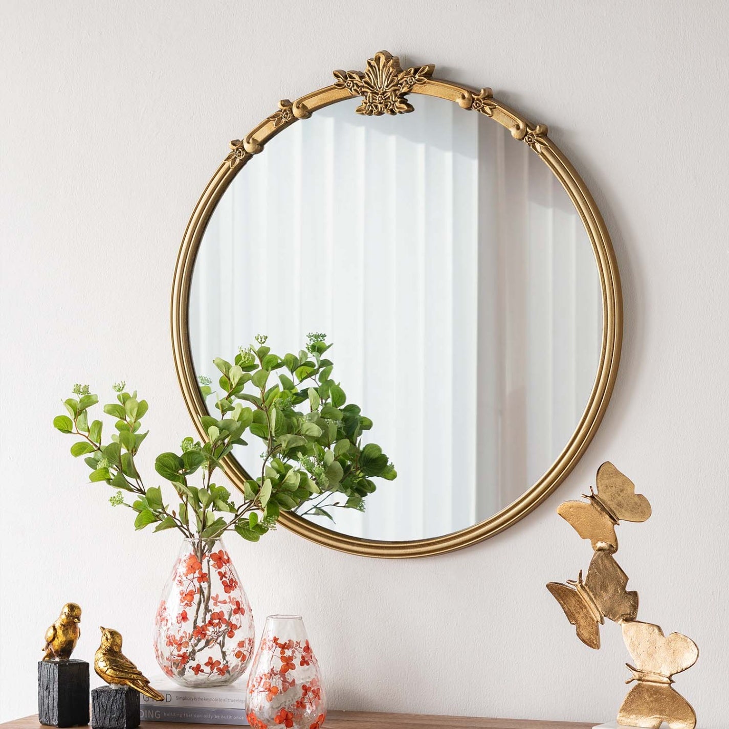 30 in. x 31 in. Antique Gold Round Wall Mirror with Decorative Leaf Crest, Rococo MDF Frame Accent Mirror for Living Room, Bedroom & Hallway