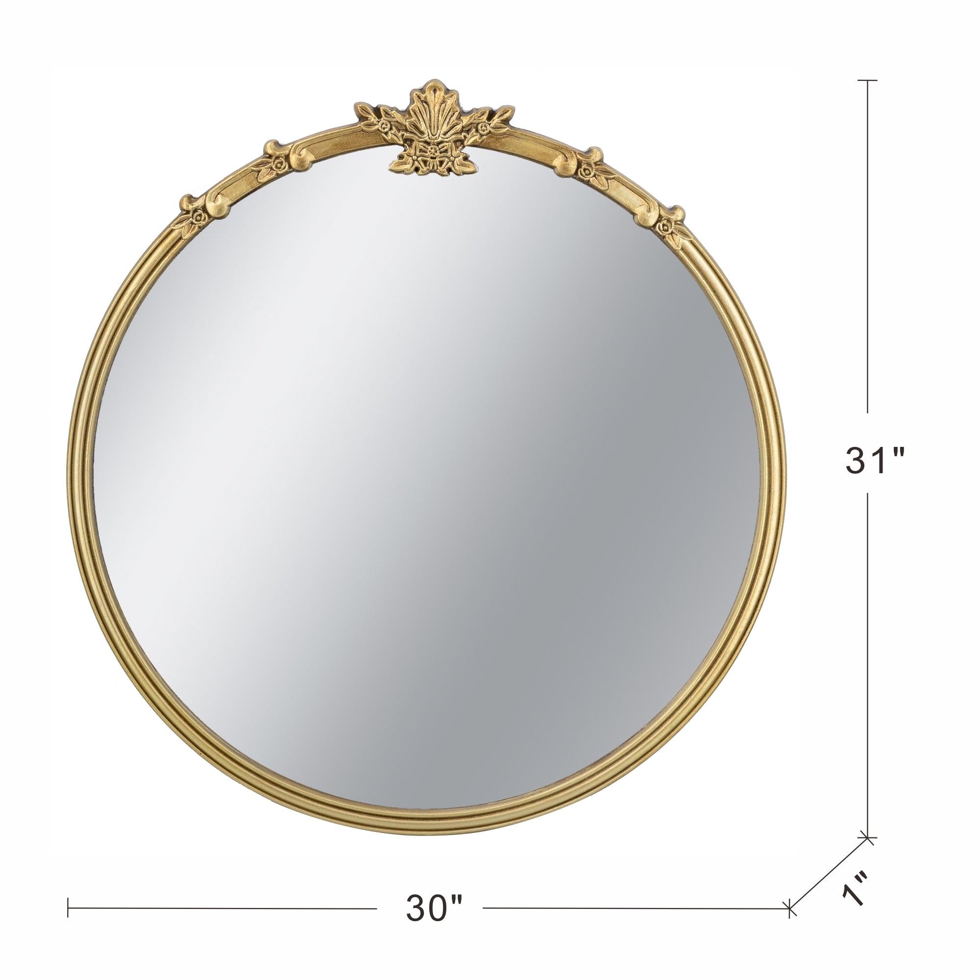 30 in. x 31 in. Antique Gold Round Wall Mirror with Decorative Leaf Crest, Rococo MDF Frame Accent Mirror for Living Room, Bedroom & Hallway