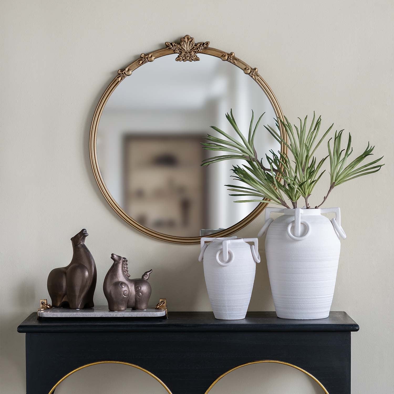 30 in. x 31 in. Antique Gold Round Wall Mirror with Decorative Leaf Crest, Rococo MDF Frame Accent Mirror for Living Room, Bedroom & Hallway