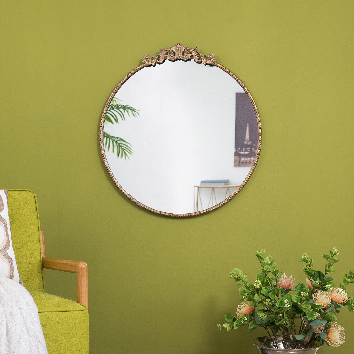 30 in. x 32 in. Round Baroque-Inspired Wall Mirror, Classic Ornate Decorative Accent Mirror for Bathroom, Entryway & Console