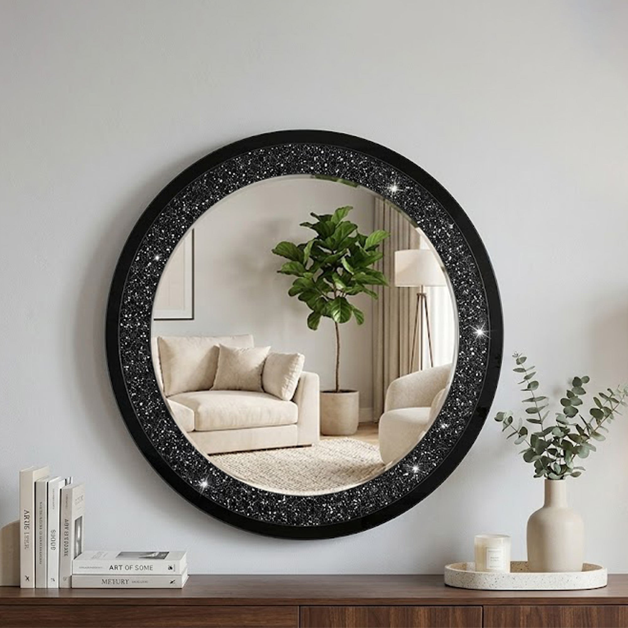 33.46 in. Crushed Crystal Round Wall Mirror, Frameless Beveled Mirror Strip Decorative Accent Mirror with MDF Backing