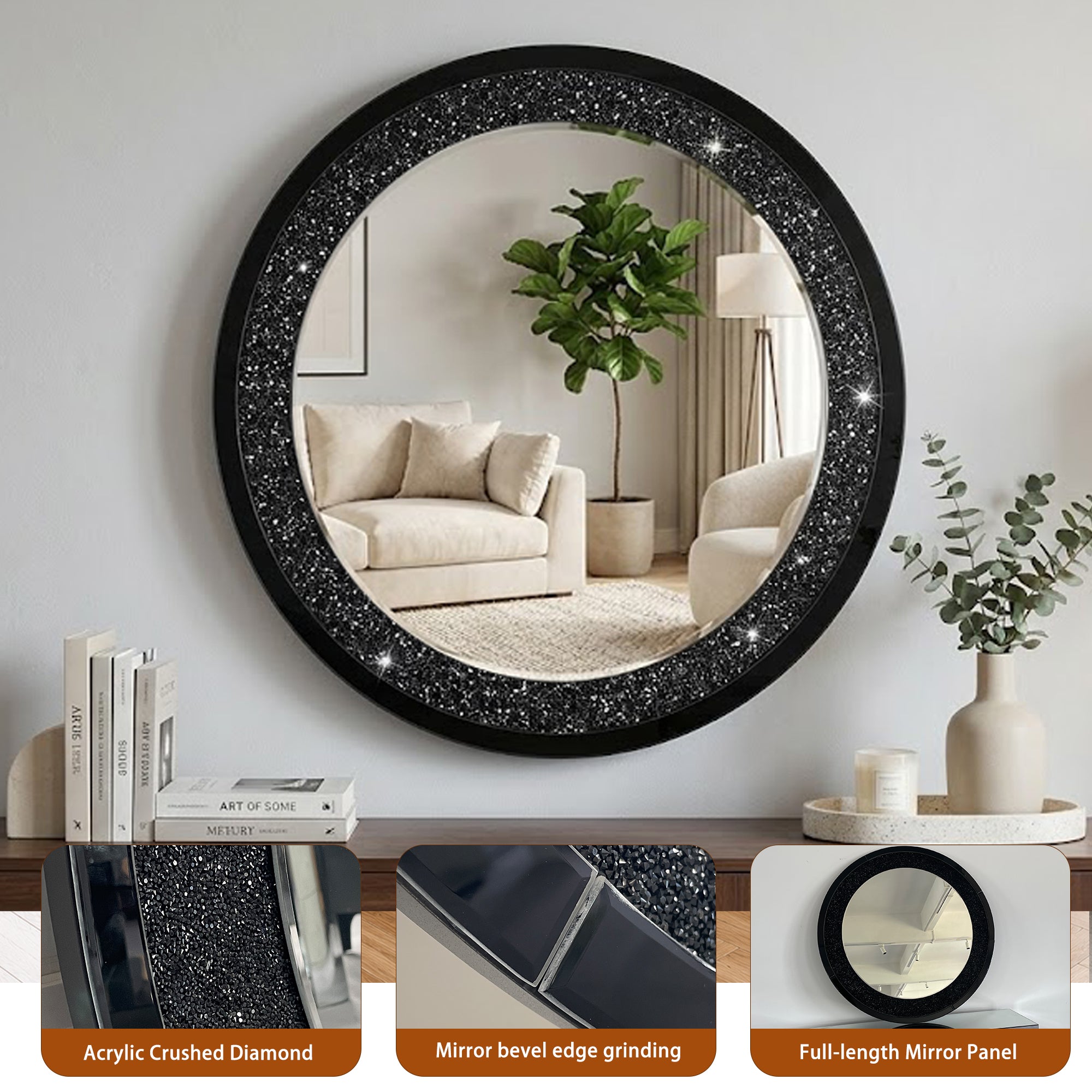 33.46 in. Crushed Crystal Round Wall Mirror, Frameless Beveled Mirror Strip Decorative Accent Mirror with MDF Backing
