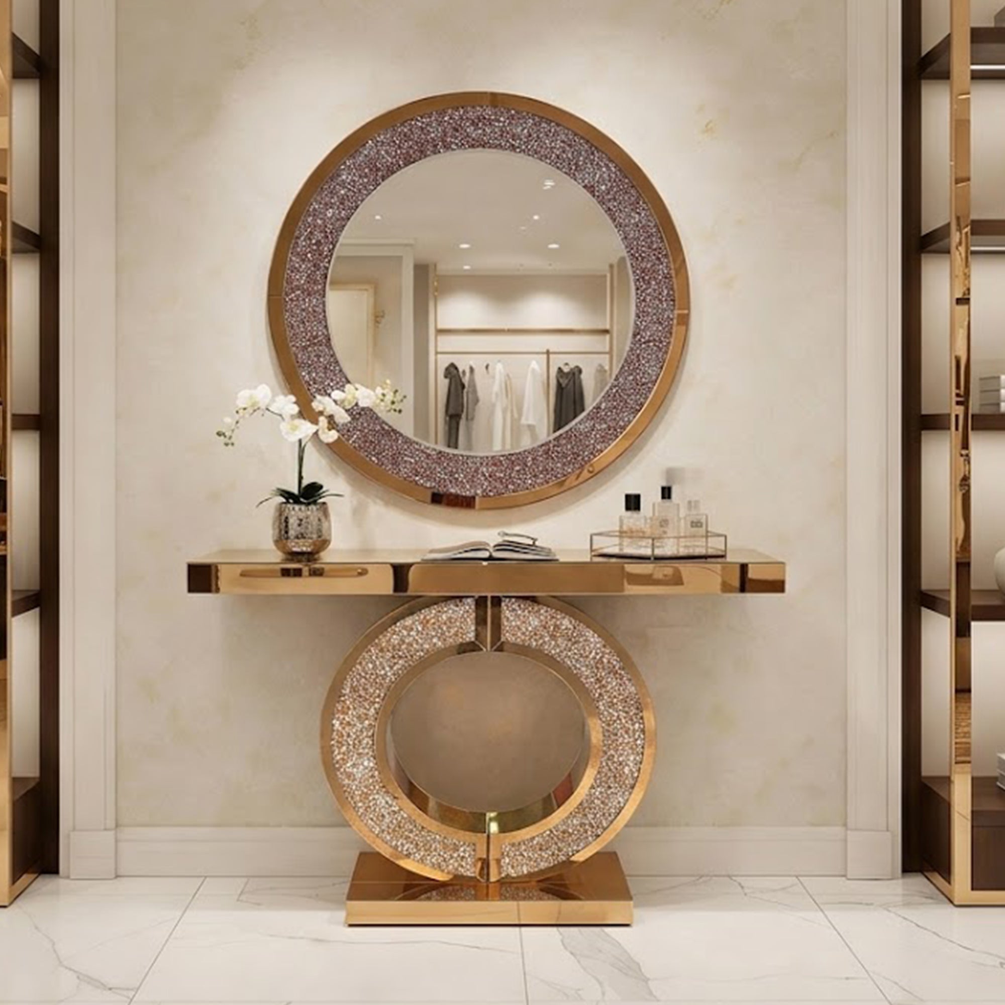 33.46 in. Crushed Crystal Round Wall Mirror, Frameless Beveled Mirror Strip Decorative Accent Mirror with MDF Backing