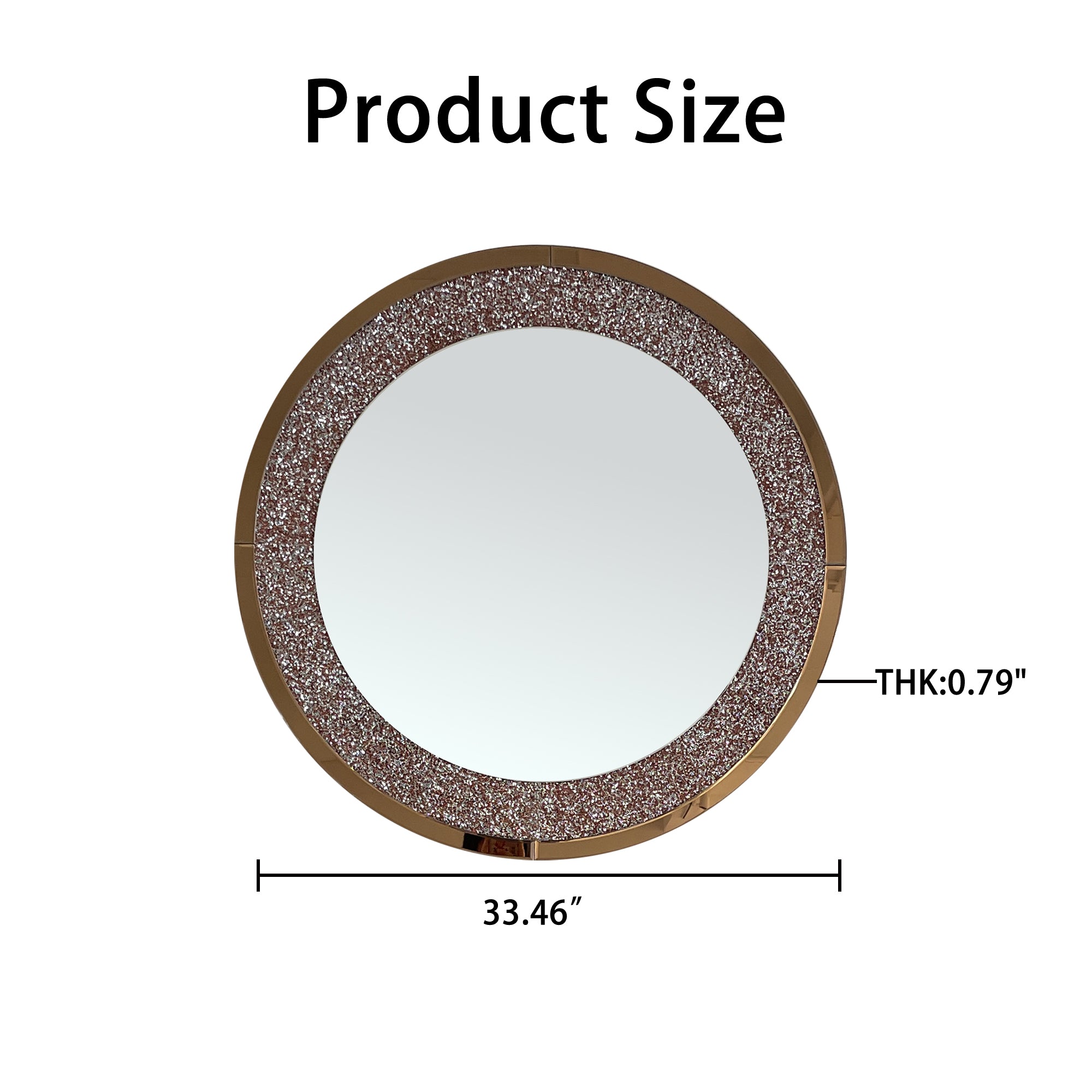 33.46 in. Crushed Crystal Round Wall Mirror, Frameless Beveled Mirror Strip Decorative Accent Mirror with MDF Backing