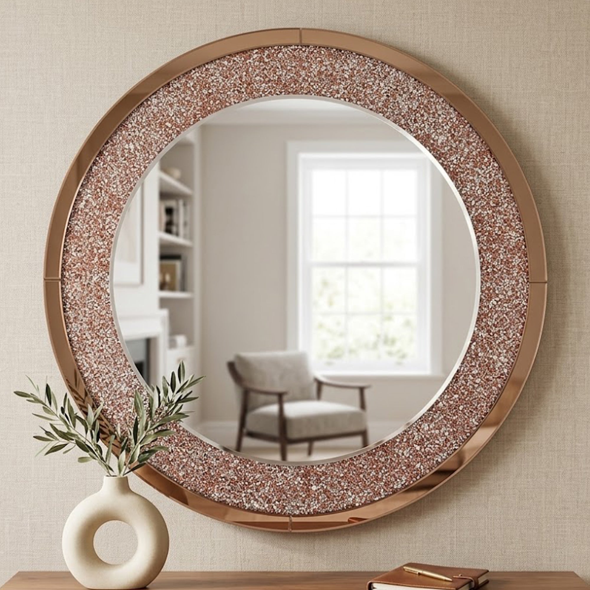 33.46 in. Crushed Crystal Round Wall Mirror, Frameless Beveled Mirror Strip Decorative Accent Mirror with MDF Backing