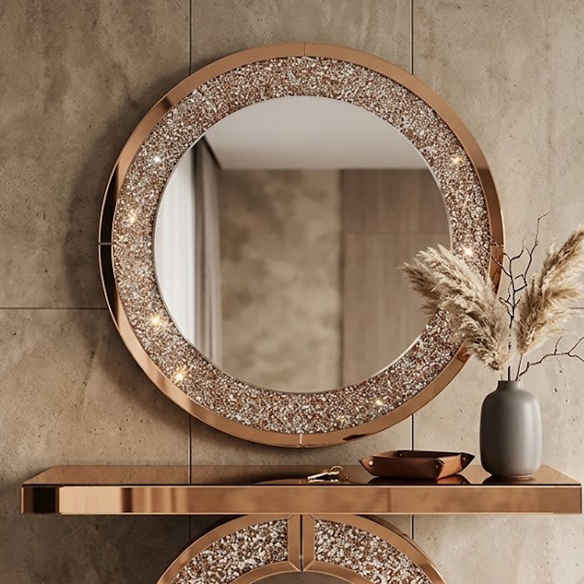 33.46 in. Crushed Crystal Round Wall Mirror, Frameless Beveled Mirror Strip Decorative Accent Mirror with MDF Backing