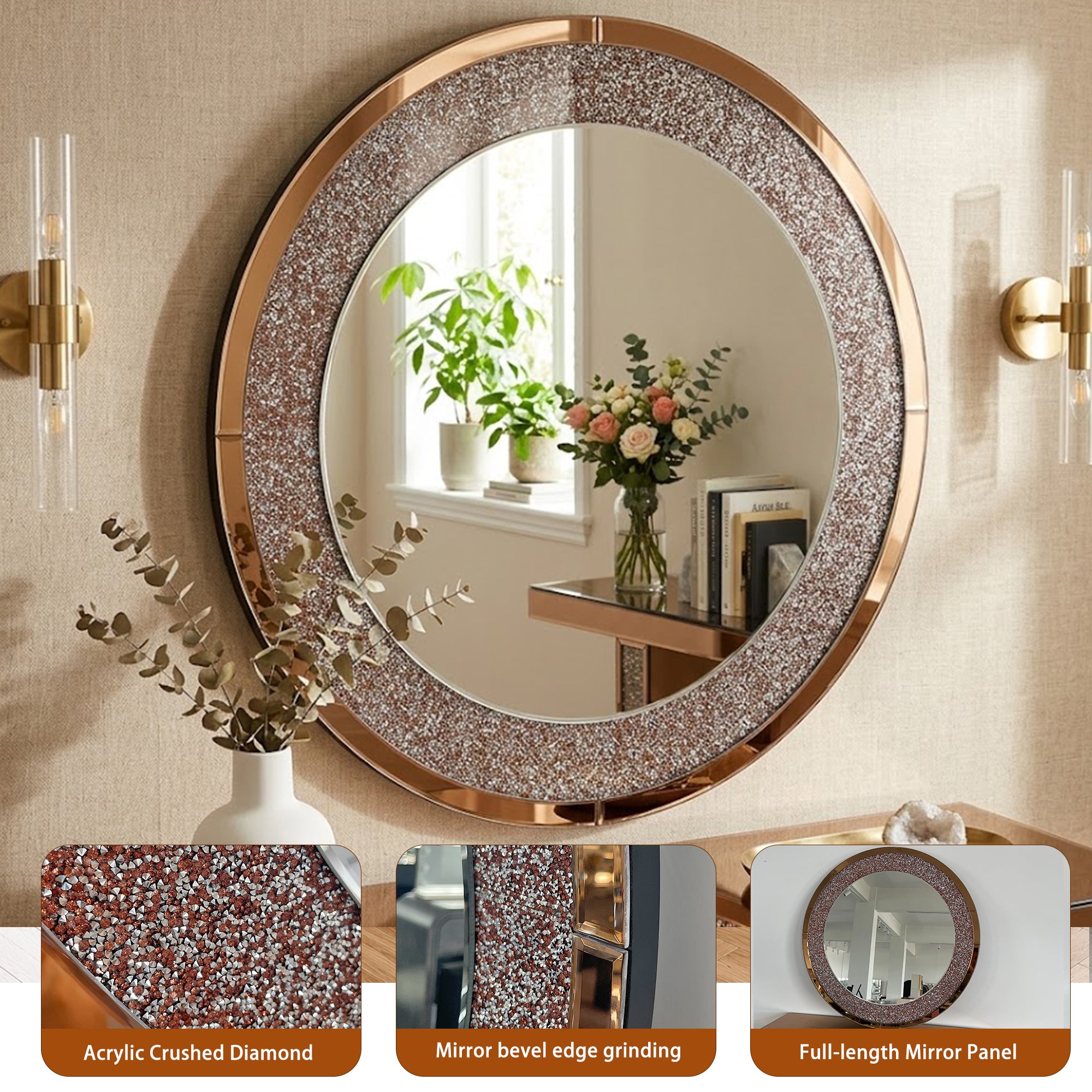33.46 in. Crushed Crystal Round Wall Mirror, Frameless Beveled Mirror Strip Decorative Accent Mirror with MDF Backing